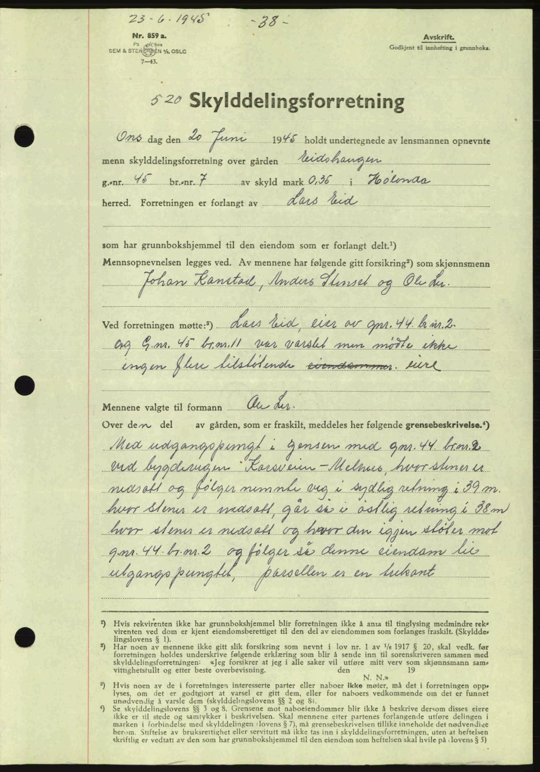 Gauldal sorenskriveri, SAT/A-0014/1/2/2C: Pantebok nr. A1a, 1945-1945, Dagboknr: 520/1945