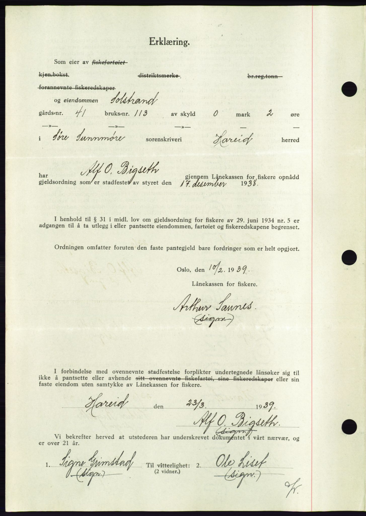 Søre Sunnmøre sorenskriveri, AV/SAT-A-4122/1/2/2C/L0067: Pantebok nr. 61, 1938-1939, Dagboknr: 581/1939