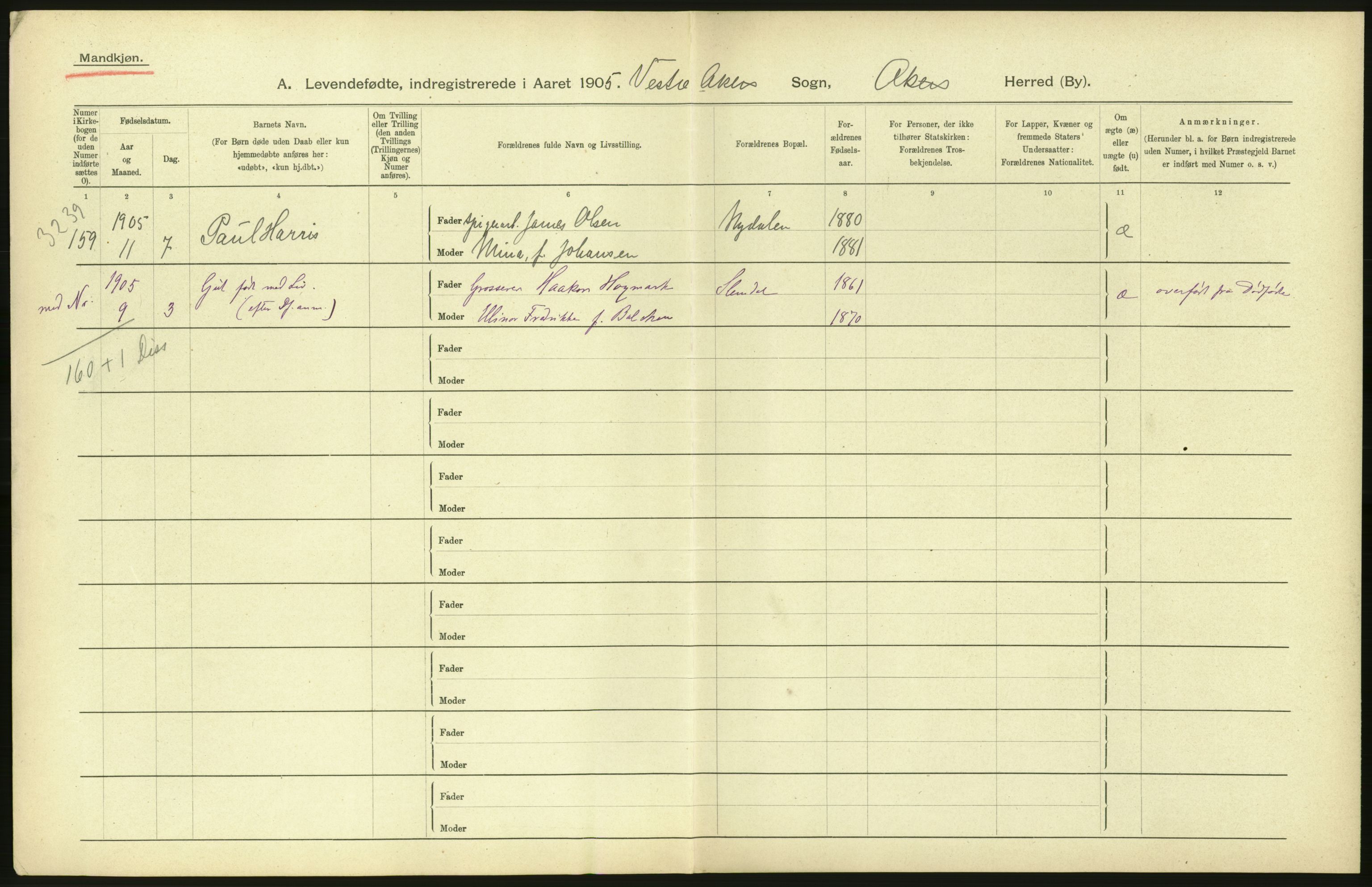 Statistisk sentralbyrå, Sosiodemografiske emner, Befolkning, AV/RA-S-2228/D/Df/Dfa/Dfac/L0004: Akershus amt: Fødte. Bygder., 1905, s. 6