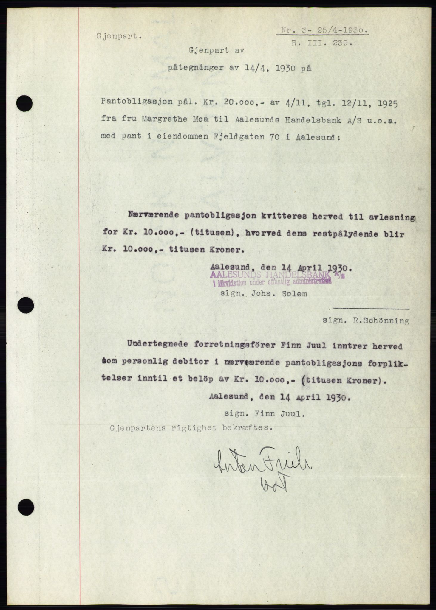 Ålesund byfogd, AV/SAT-A-4384: Pantebok nr. 26, 1930-1930, Tingl.dato: 25.04.1930
