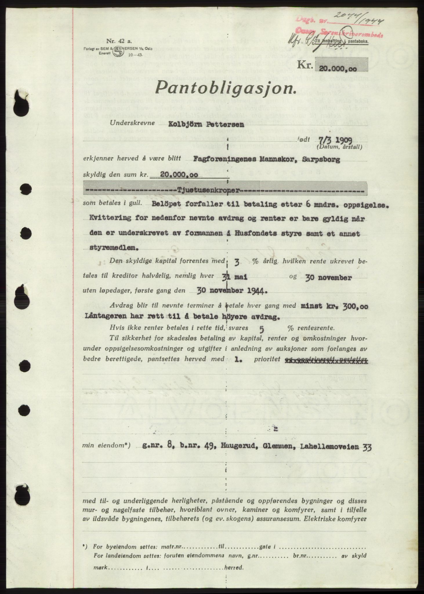 Onsøy sorenskriveri, SAO/A-10474/G/Ga/Gac/L0004: Pantebok nr. B4, 1944-1946, Dagboknr: 2044/1944