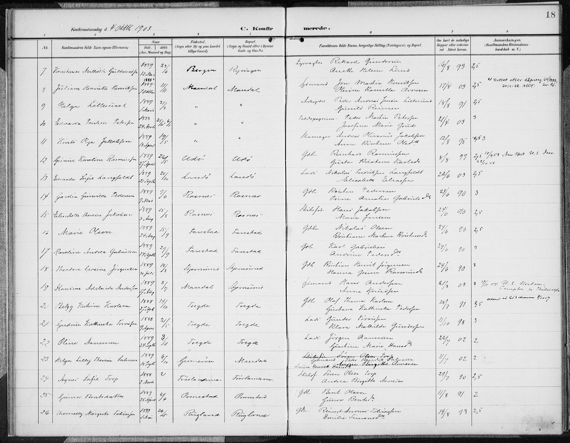 Mandal sokneprestkontor, AV/SAK-1111-0030/F/Fa/Faa/L0019: Ministerialbok nr. A 19, 1902-1912, s. 18