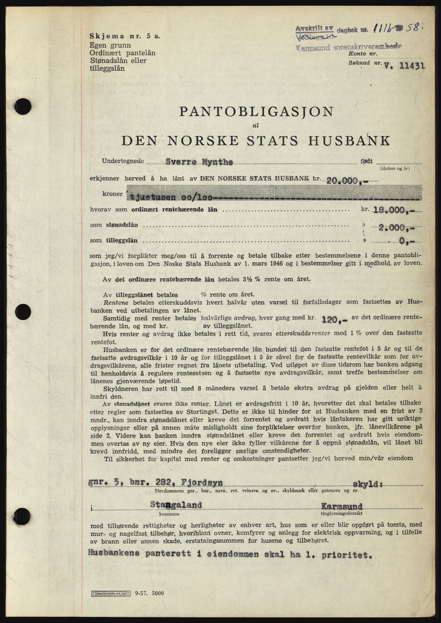 Karmsund sorenskriveri, AV/SAST-A-100311/01/II/IIBBE/L0041: Pantebok nr. B 87, 1958-1958, Dagboknr: 1116/1958