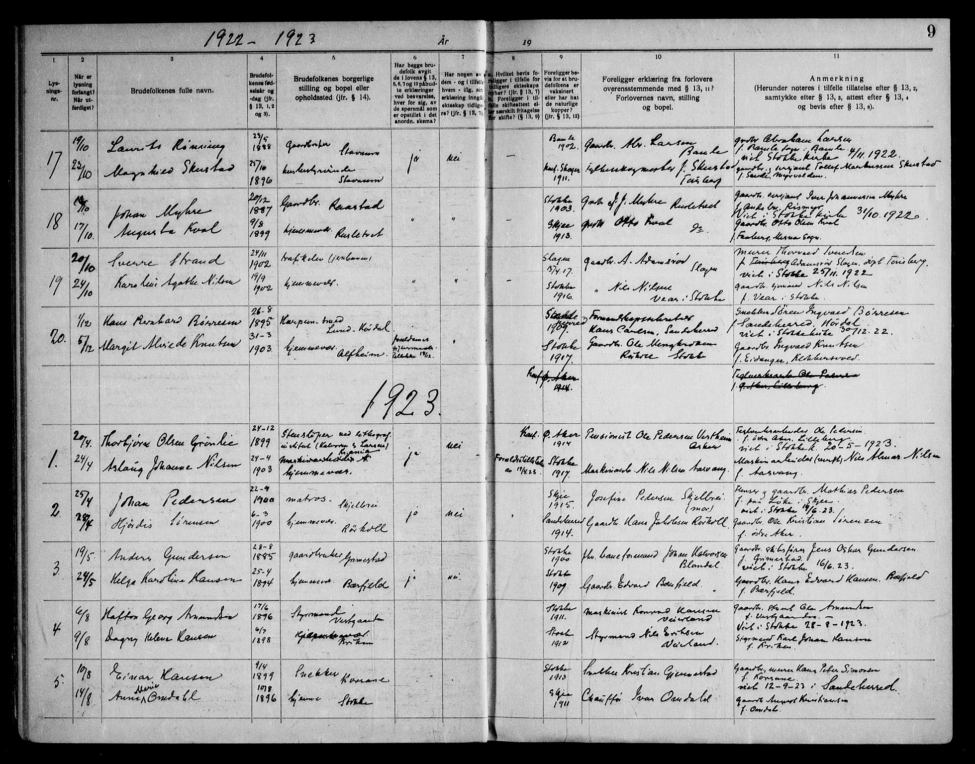 Stokke kirkebøker, AV/SAKO-A-320/H/Ha/L0003: Lysningsprotokoll nr. 3, 1919-1958, s. 9