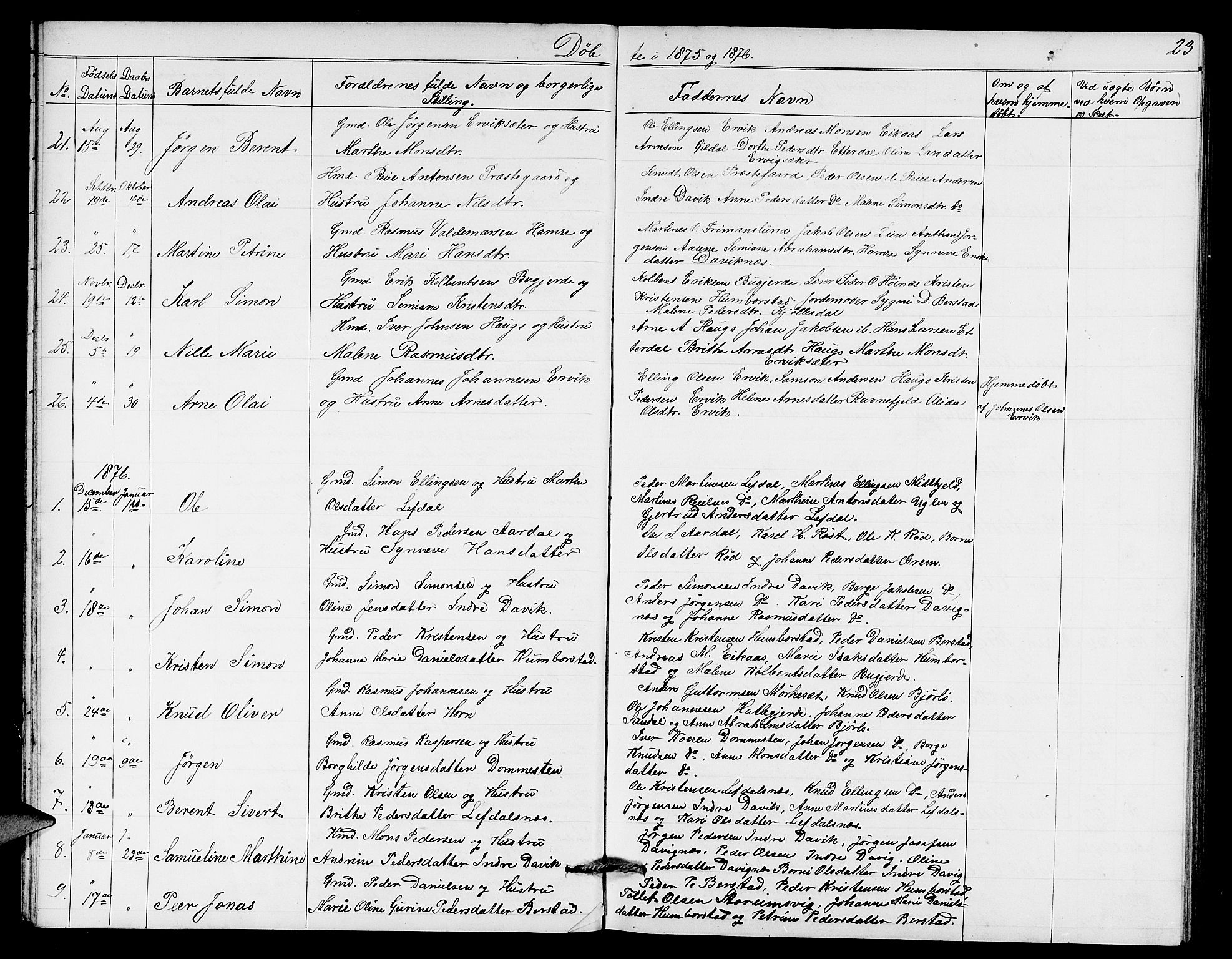 Davik sokneprestembete, AV/SAB-A-79701/H/Hab/Haba/L0001: Klokkerbok nr. A 1, 1866-1889, s. 23