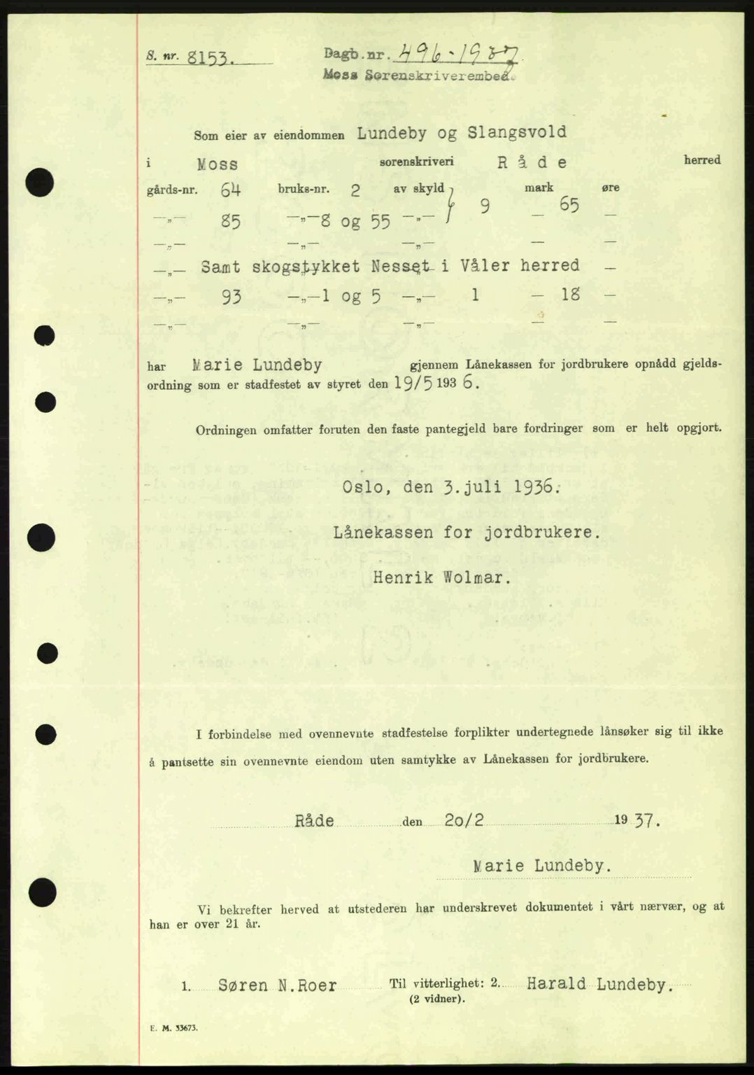 Moss sorenskriveri, SAO/A-10168: Pantebok nr. B3, 1937-1937, Dagboknr: 496/1937