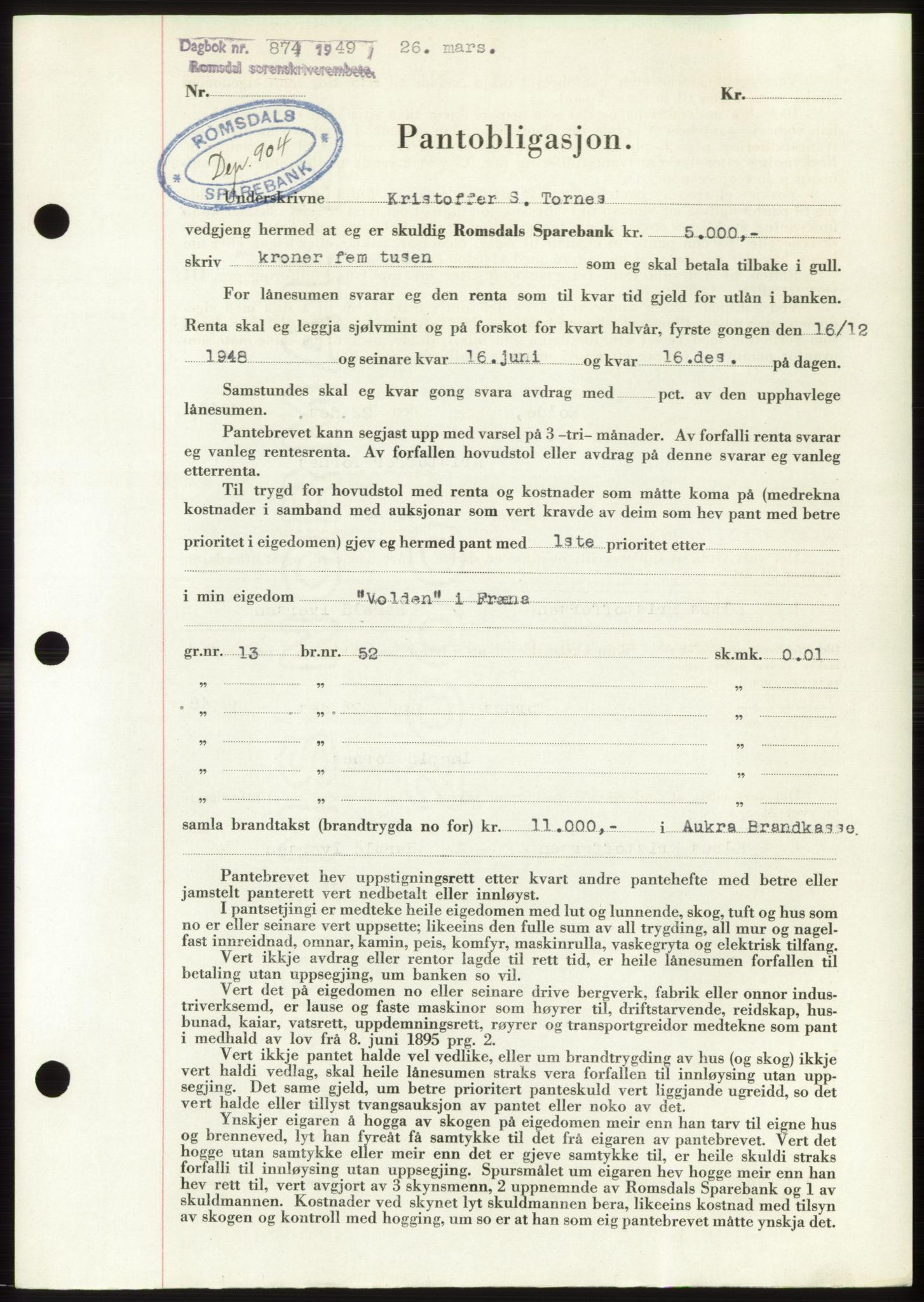 Romsdal sorenskriveri, SAT/A-4149/1/2/2C: Pantebok nr. B4, 1948-1949, Dagboknr: 874/1949
