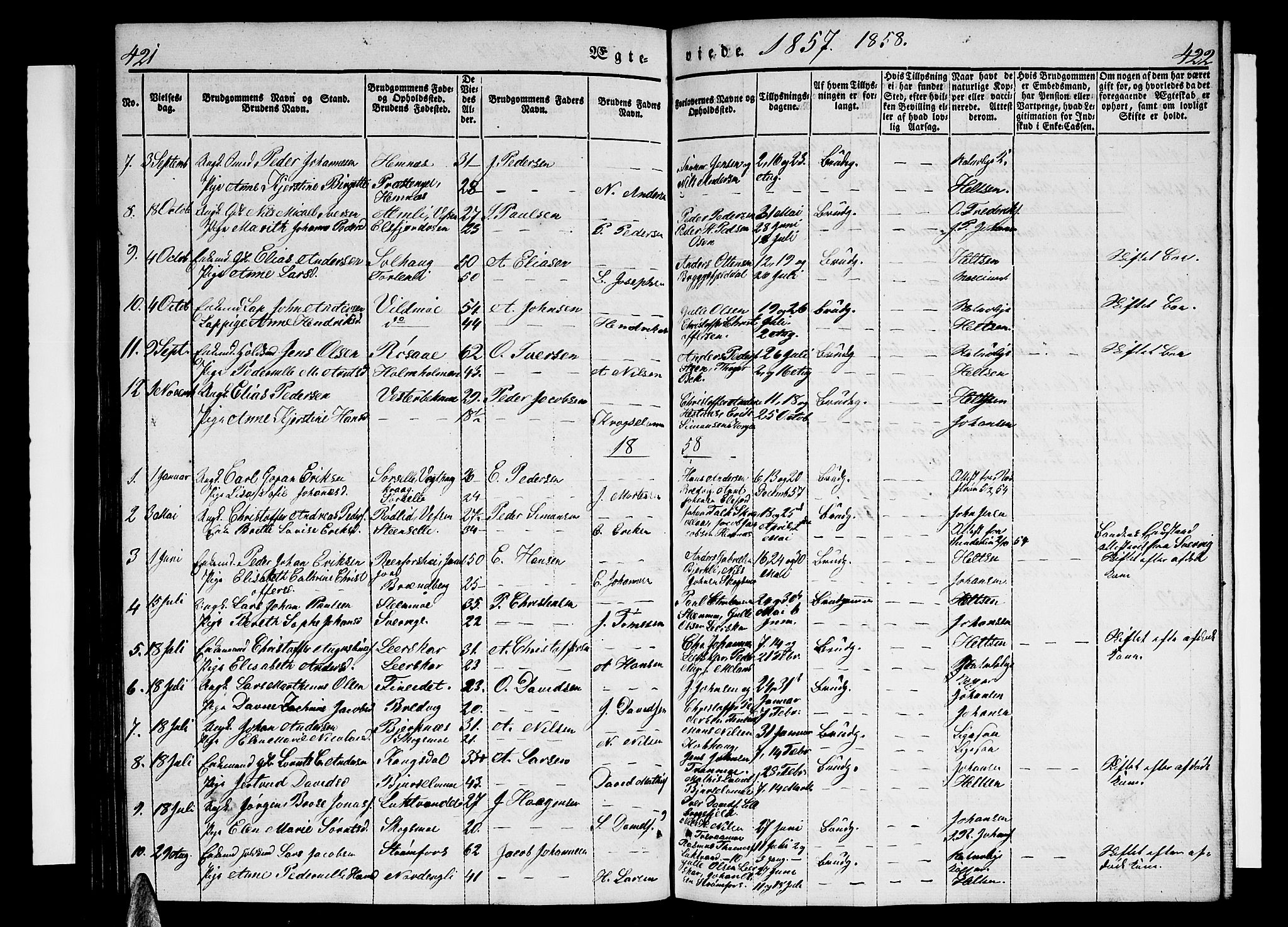 Ministerialprotokoller, klokkerbøker og fødselsregistre - Nordland, AV/SAT-A-1459/825/L0364: Klokkerbok nr. 825C01, 1841-1863, s. 421-422