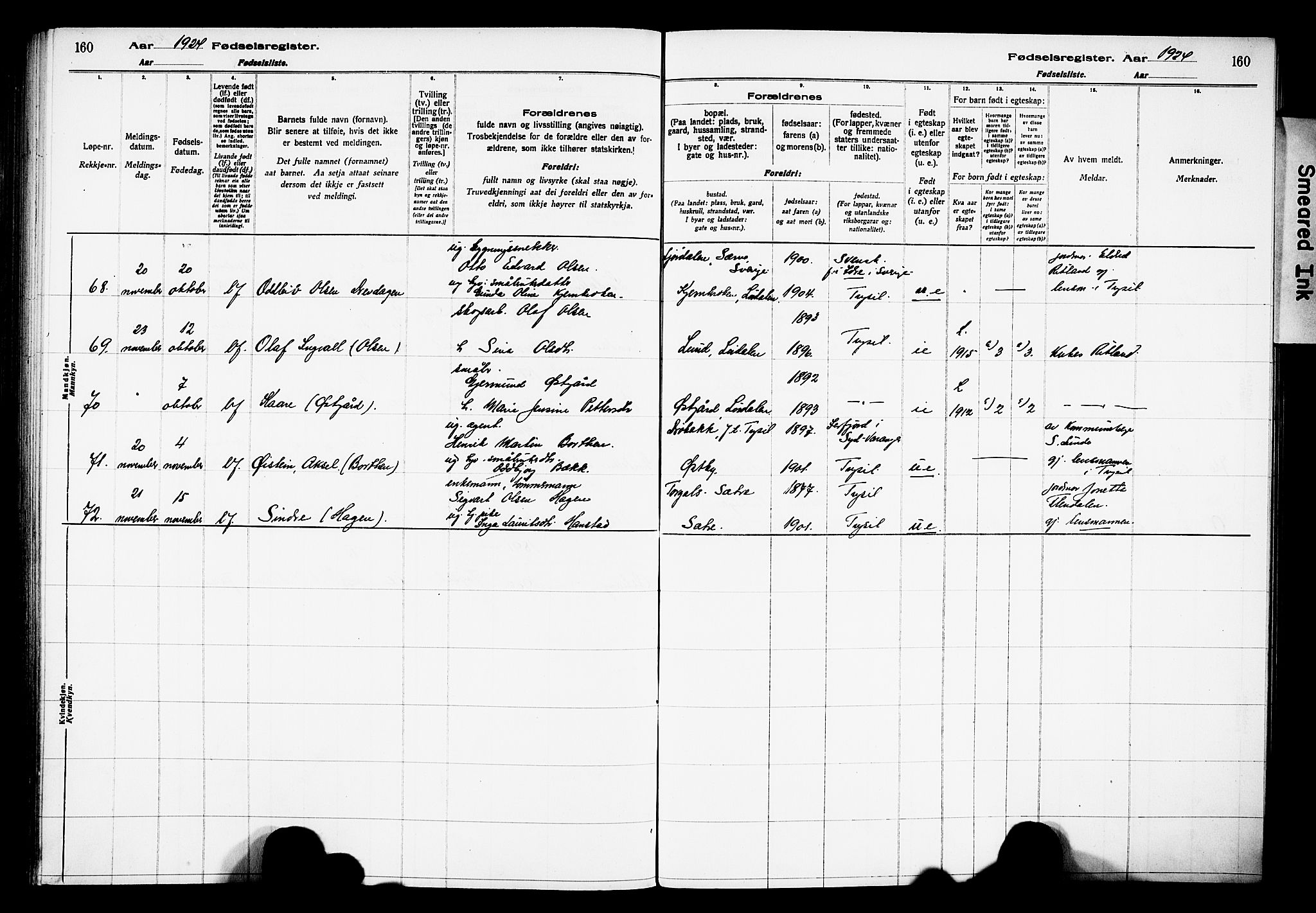 Trysil prestekontor, AV/SAH-PREST-046/I/Id/Ida/L0001: Fødselsregister nr. I 1, 1916-1927, s. 160