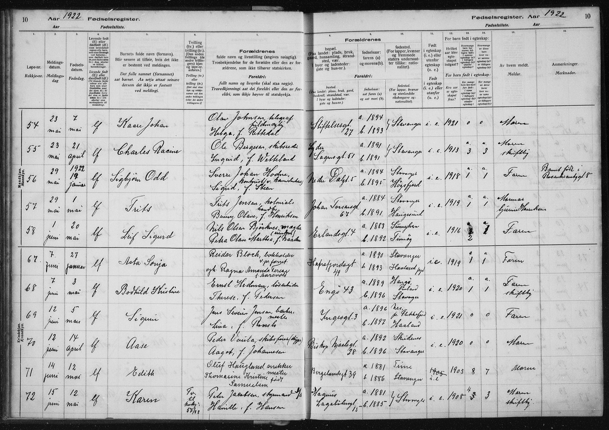 St. Petri sokneprestkontor, AV/SAST-A-101813/002/A/L0002: Fødselsregister nr. 2, 1922-1929, s. 10