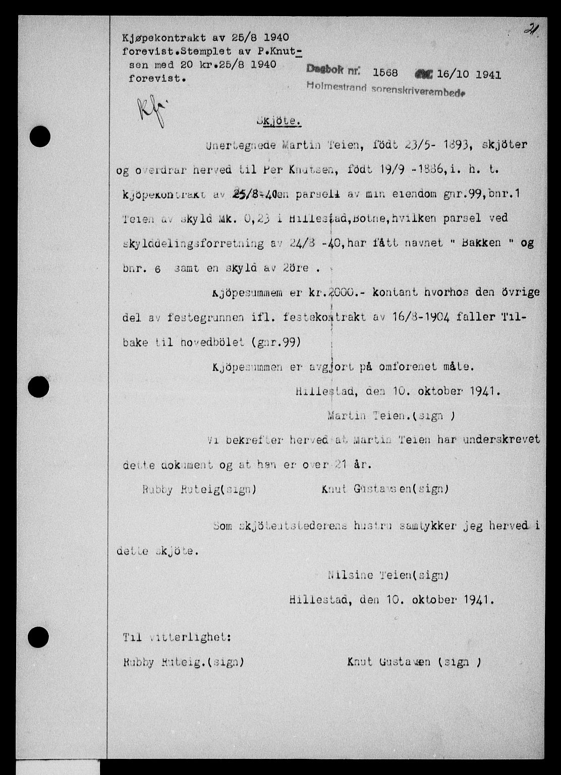 Holmestrand sorenskriveri, SAKO/A-67/G/Ga/Gaa/L0054: Pantebok nr. A-54, 1941-1942, Dagboknr: 1568/1941