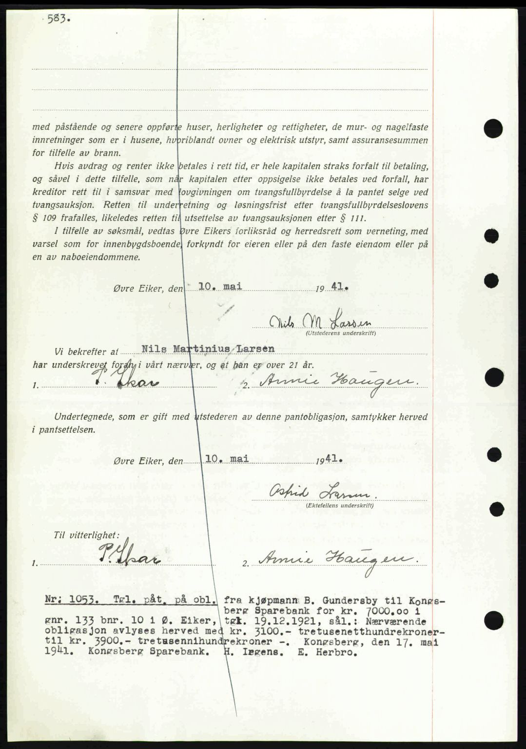 Eiker, Modum og Sigdal sorenskriveri, SAKO/A-123/G/Ga/Gab/L0043: Pantebok nr. A13, 1940-1941, Dagboknr: 1053/1941