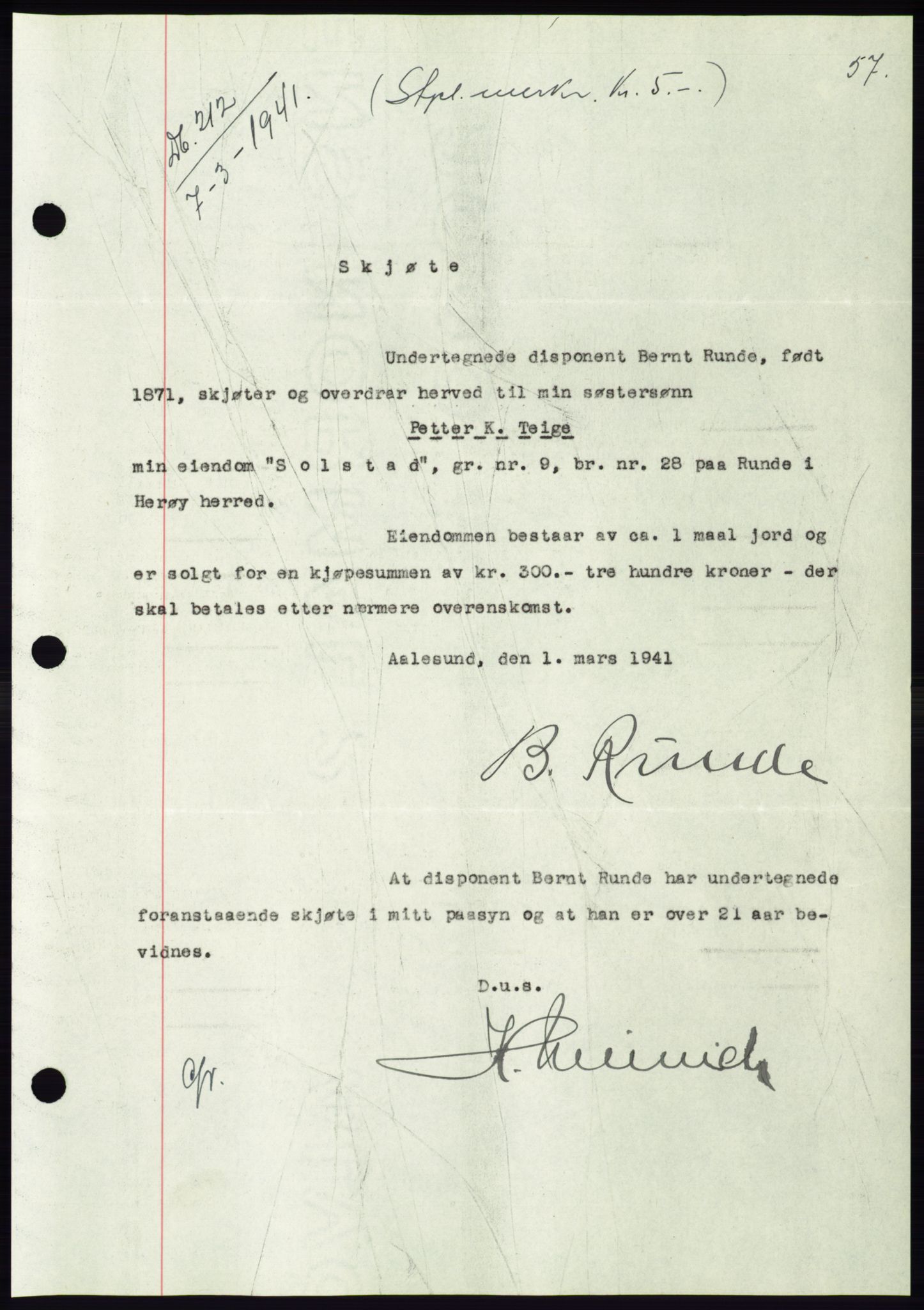 Søre Sunnmøre sorenskriveri, AV/SAT-A-4122/1/2/2C/L0071: Pantebok nr. 65, 1941-1941, Dagboknr: 212/1941