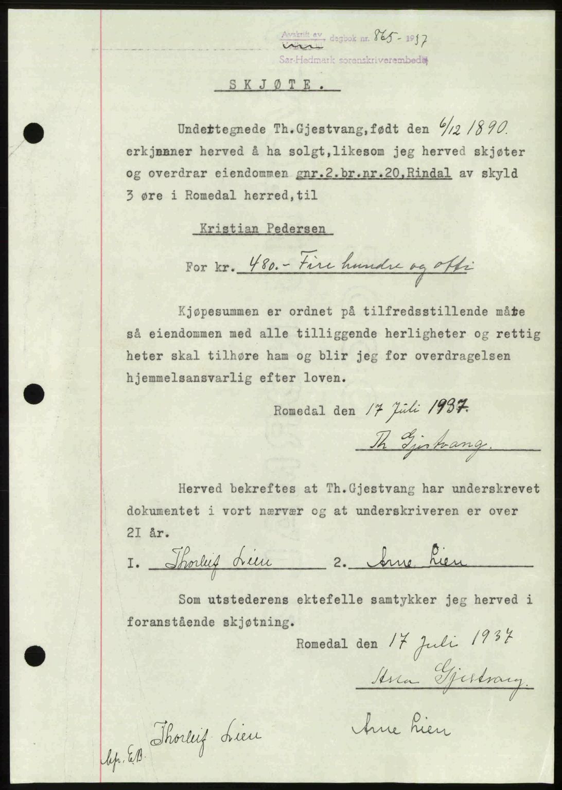 Sør-Hedmark sorenskriveri, SAH/TING-014/H/Hb/Hbd/L0003: Pantebok nr. 3, 1937-1938, Dagboknr: 865/1937
