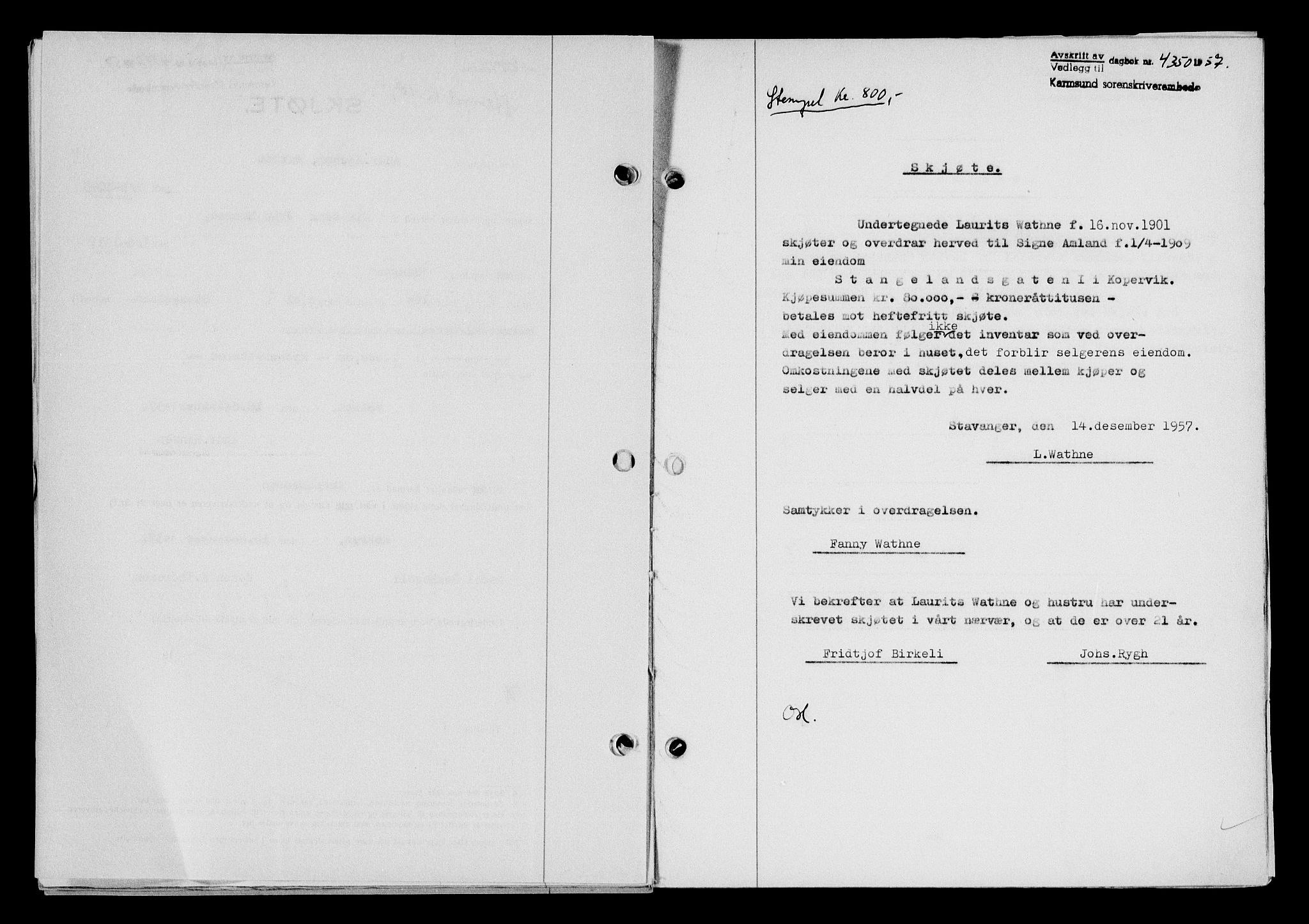 Karmsund sorenskriveri, SAST/A-100311/01/II/IIB/L0127: Pantebok nr. 107A, 1957-1958, Dagboknr: 4350/1957