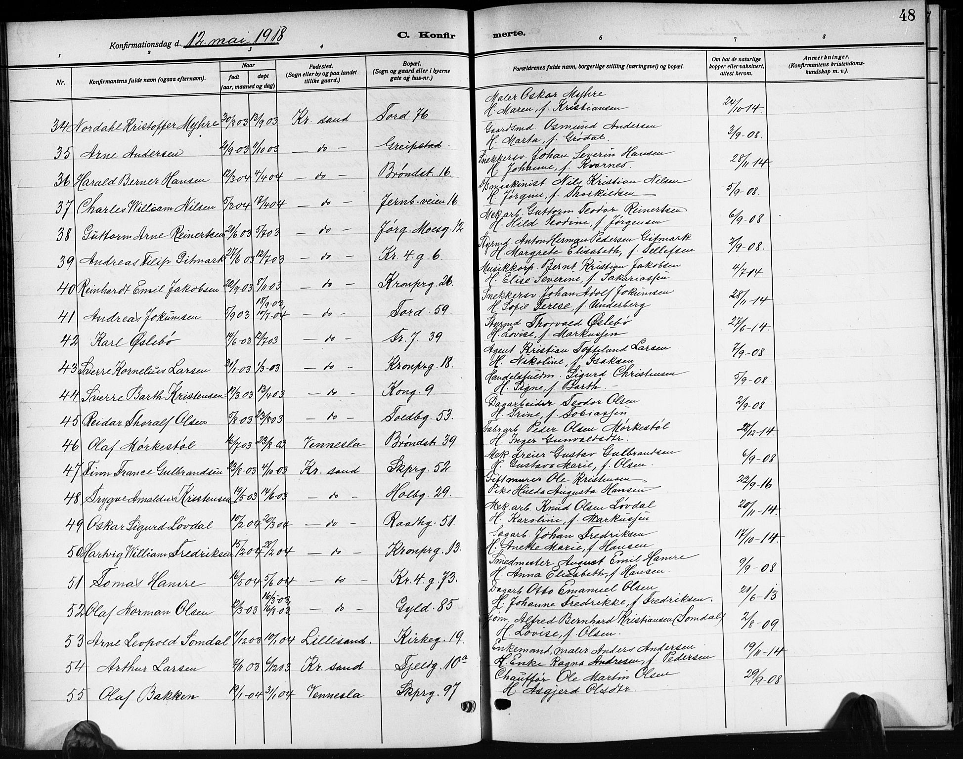 Kristiansand domprosti, AV/SAK-1112-0006/F/Fb/L0022: Klokkerbok nr. B 22, 1915-1925, s. 48
