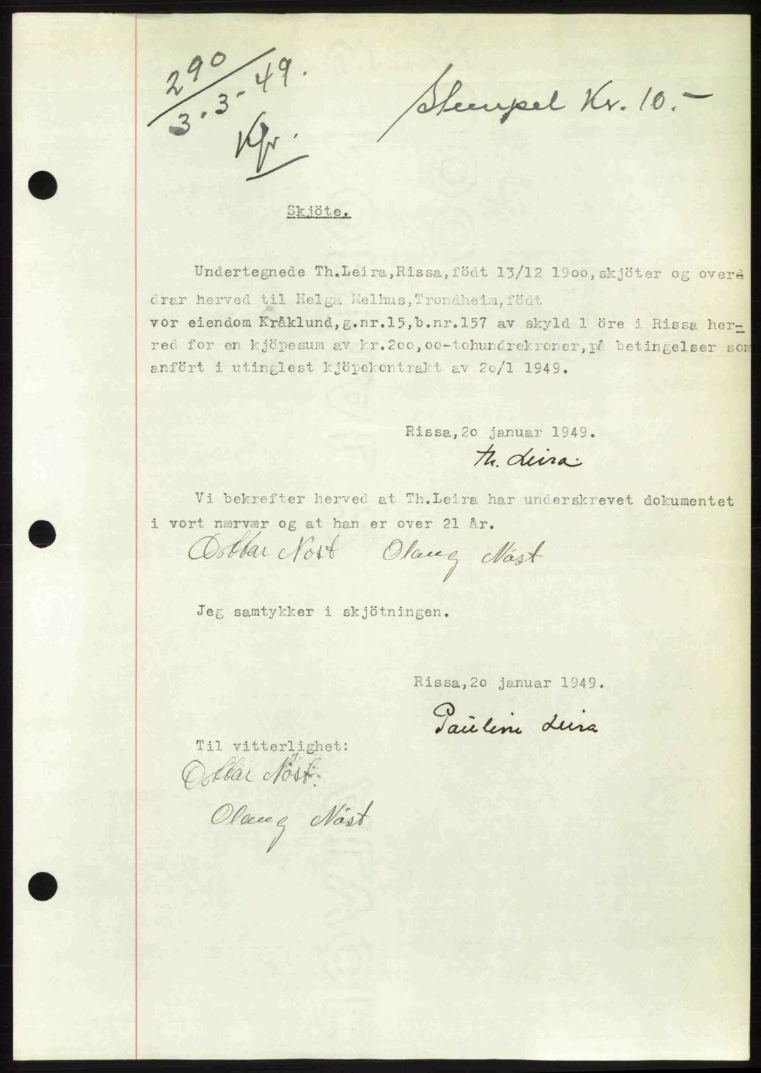 Fosen sorenskriveri, AV/SAT-A-1107/1/2/2C: Pantebok nr. A7-9, 1947-1949, Dagboknr: 290/1949