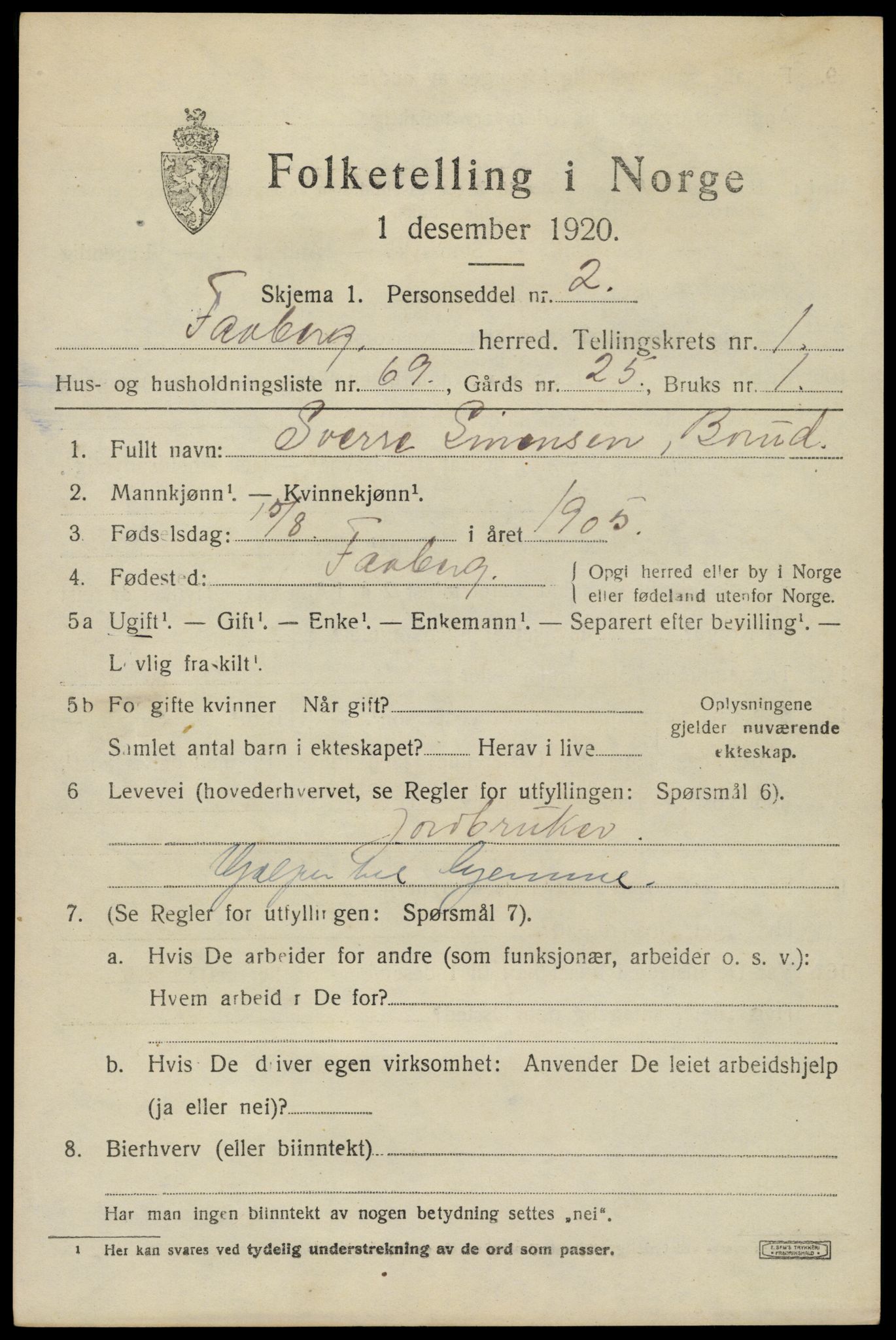 SAH, Folketelling 1920 for 0524 Fåberg herred, 1920, s. 3078