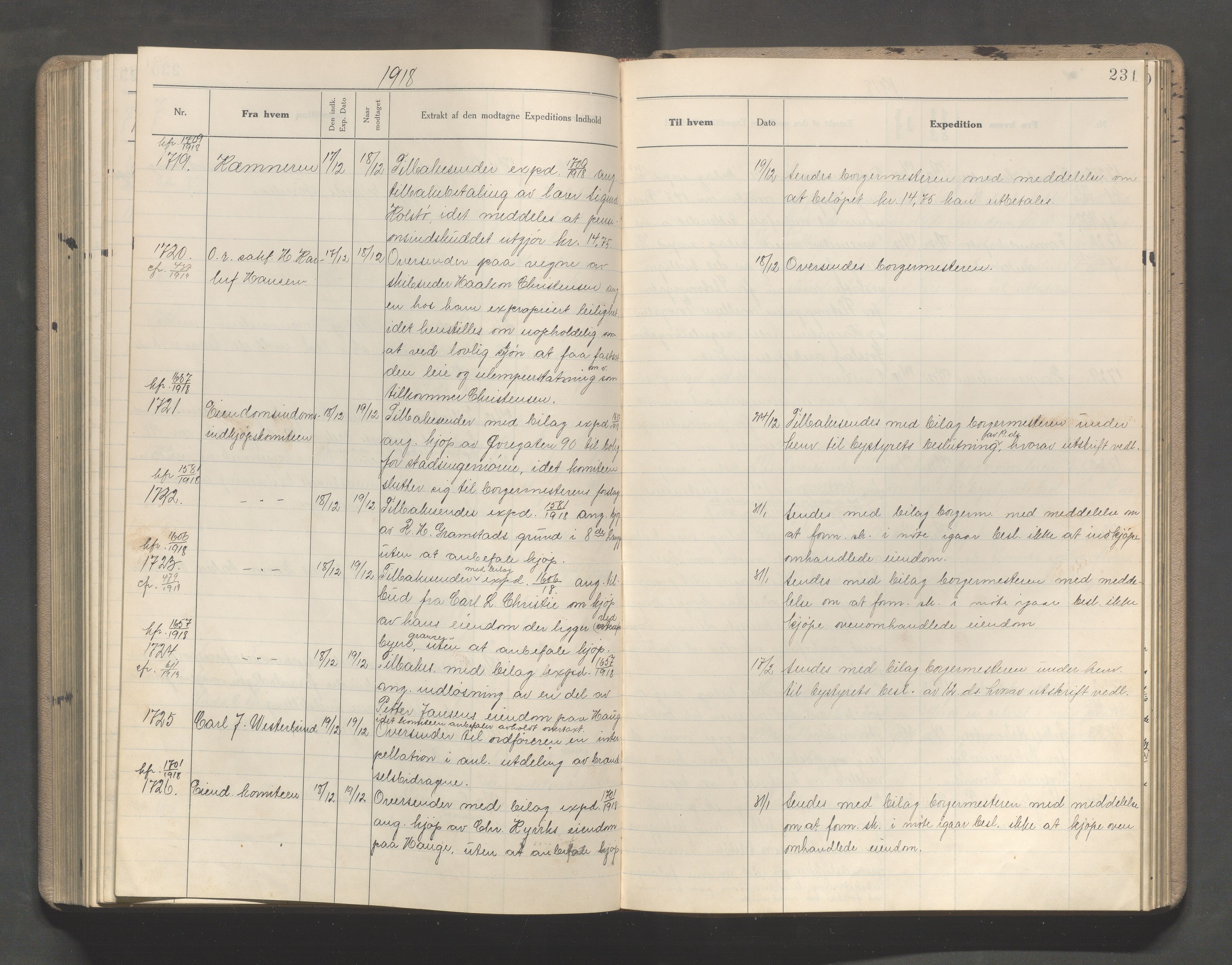 Haugesund kommune - Formannskapet, IKAR/X-0001/C/L0008: Journal, 1917-1919, s. 231