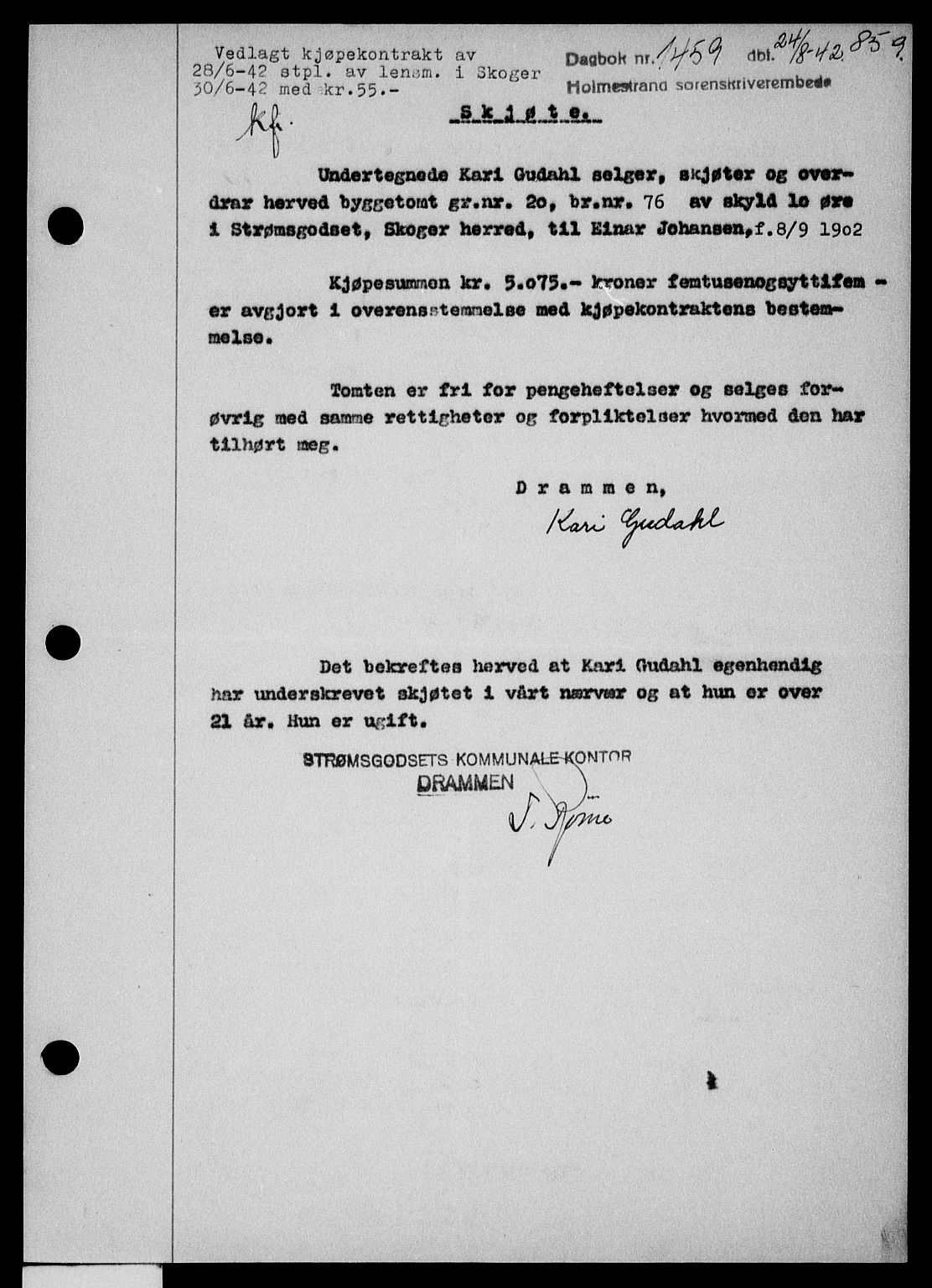 Holmestrand sorenskriveri, SAKO/A-67/G/Ga/Gaa/L0055: Pantebok nr. A-55, 1942-1942, Dagboknr: 1459/1942