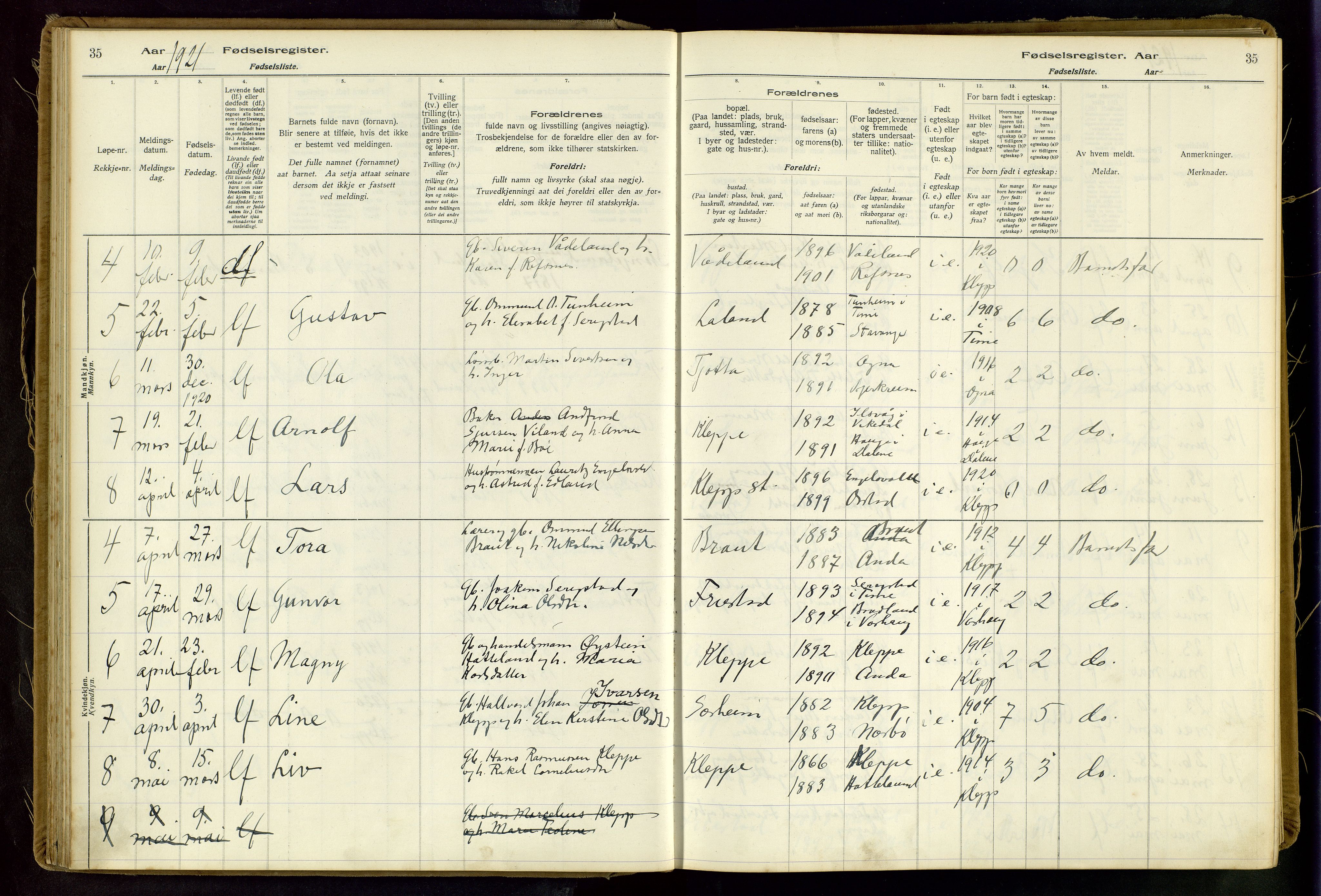 Klepp sokneprestkontor, AV/SAST-A-101803/001/704BAA/L0001: Fødselsregister nr. 1, 1916-1948, s. 35