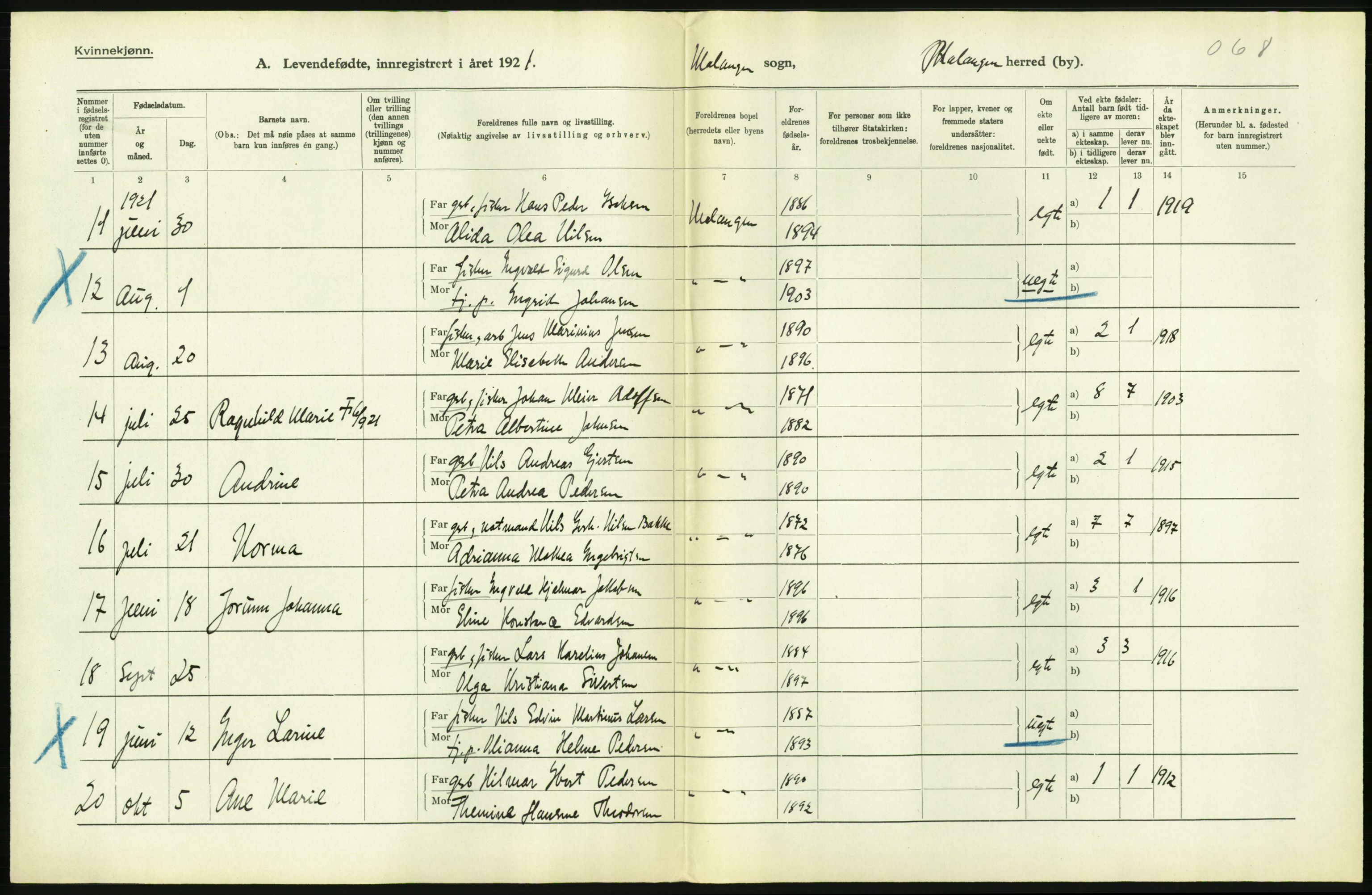 Statistisk sentralbyrå, Sosiodemografiske emner, Befolkning, AV/RA-S-2228/D/Df/Dfc/Dfca/L0052: Troms fylke: Levendefødte menn og kvinner. Bygder og byer., 1921, s. 454