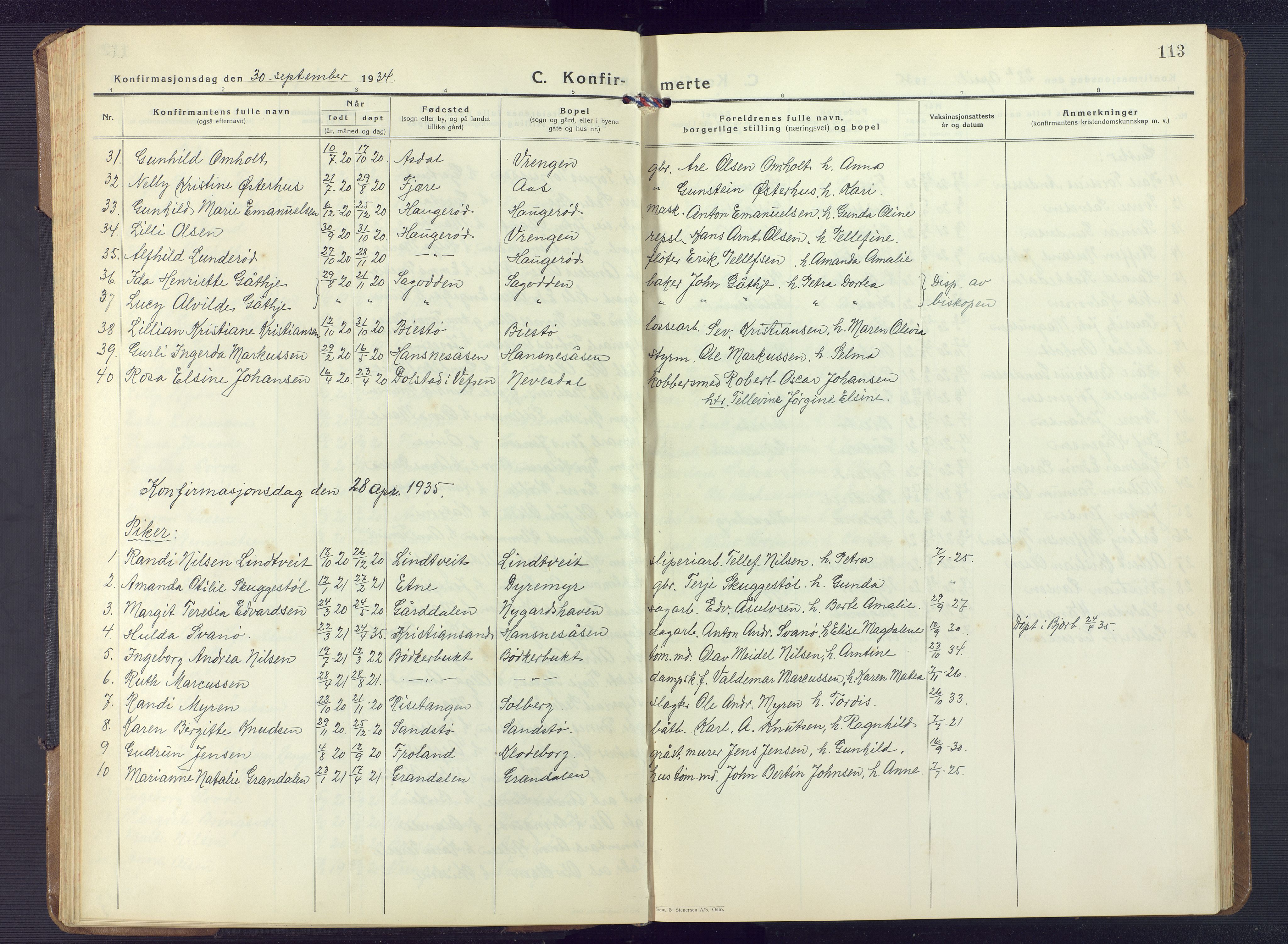 Øyestad sokneprestkontor, AV/SAK-1111-0049/F/Fb/L0013: Klokkerbok nr. B 13, 1933-1945, s. 113