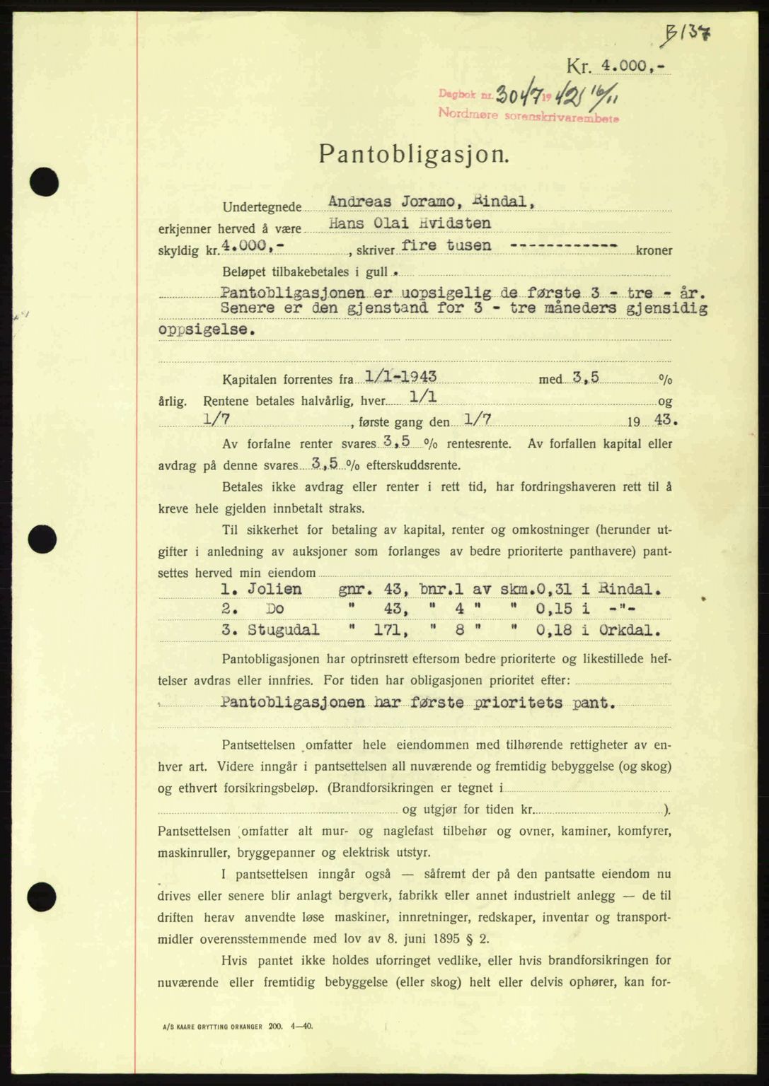 Nordmøre sorenskriveri, SAT/A-4132/1/2/2Ca: Pantebok nr. B90, 1942-1943, Dagboknr: 3047/1942