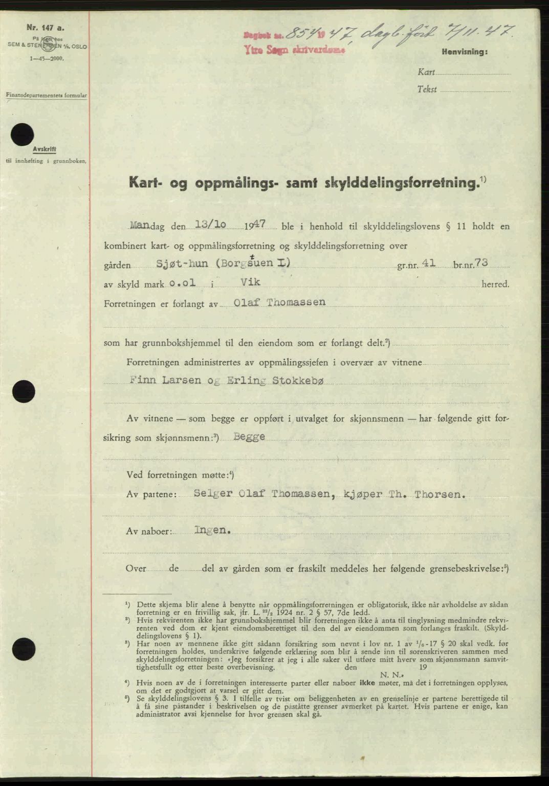 Ytre Sogn tingrett, SAB/A-2601/1/G/Gbb/L0005: Pantebok nr. A3 - A4 (B2), 1947-1948, Dagboknr: 854/1947