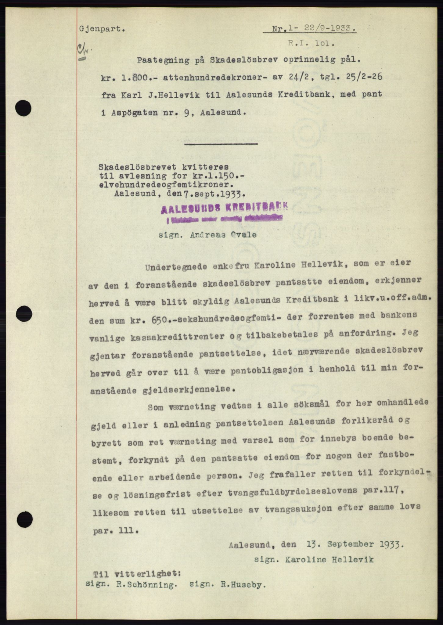 Ålesund byfogd, AV/SAT-A-4384: Pantebok nr. 31, 1933-1934, Tingl.dato: 22.09.1933