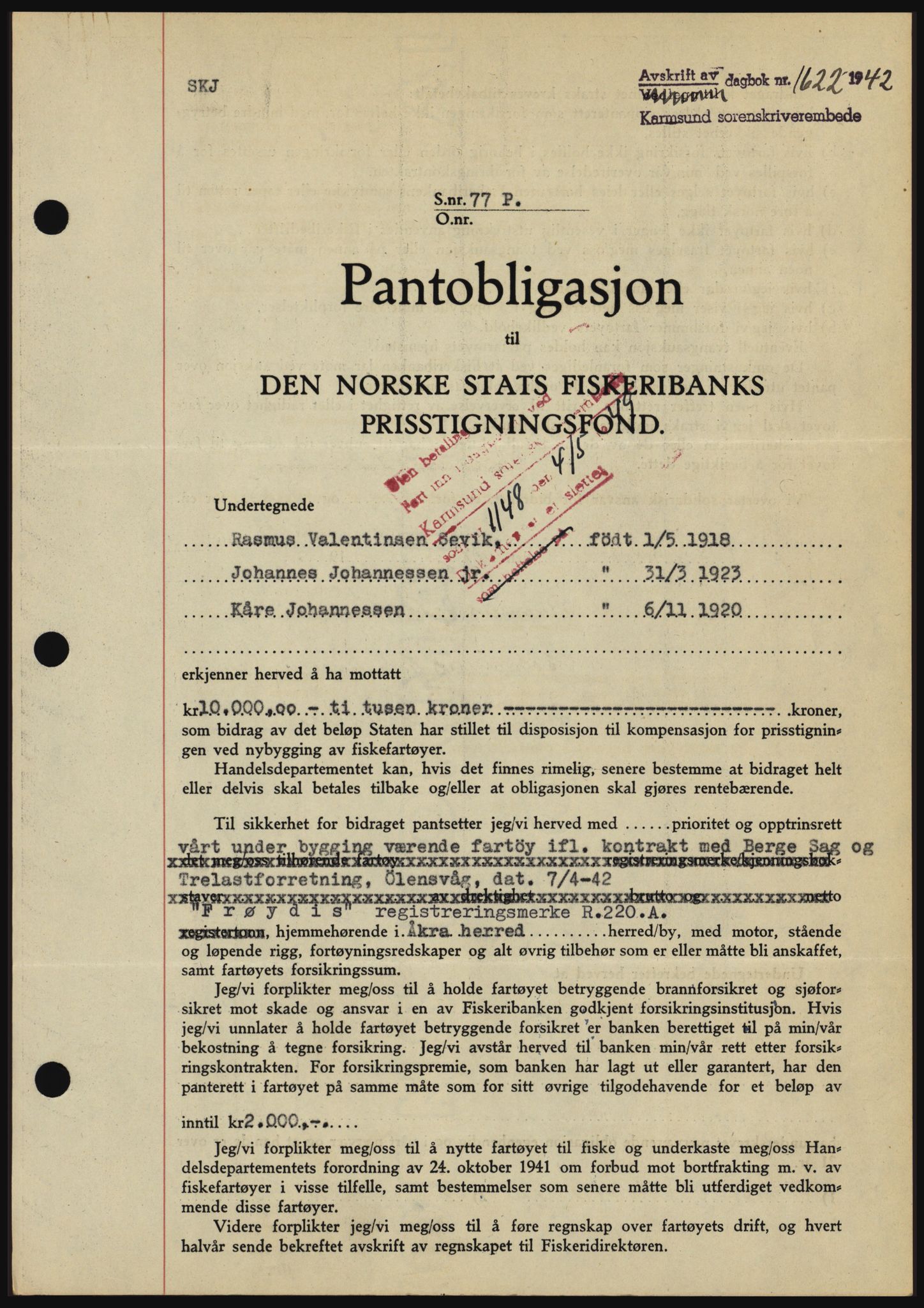 Karmsund sorenskriveri, SAST/A-100311/01/II/IIBBE/L0008: Pantebok nr. B 54, 1942-1943, Dagboknr: 1622/1942