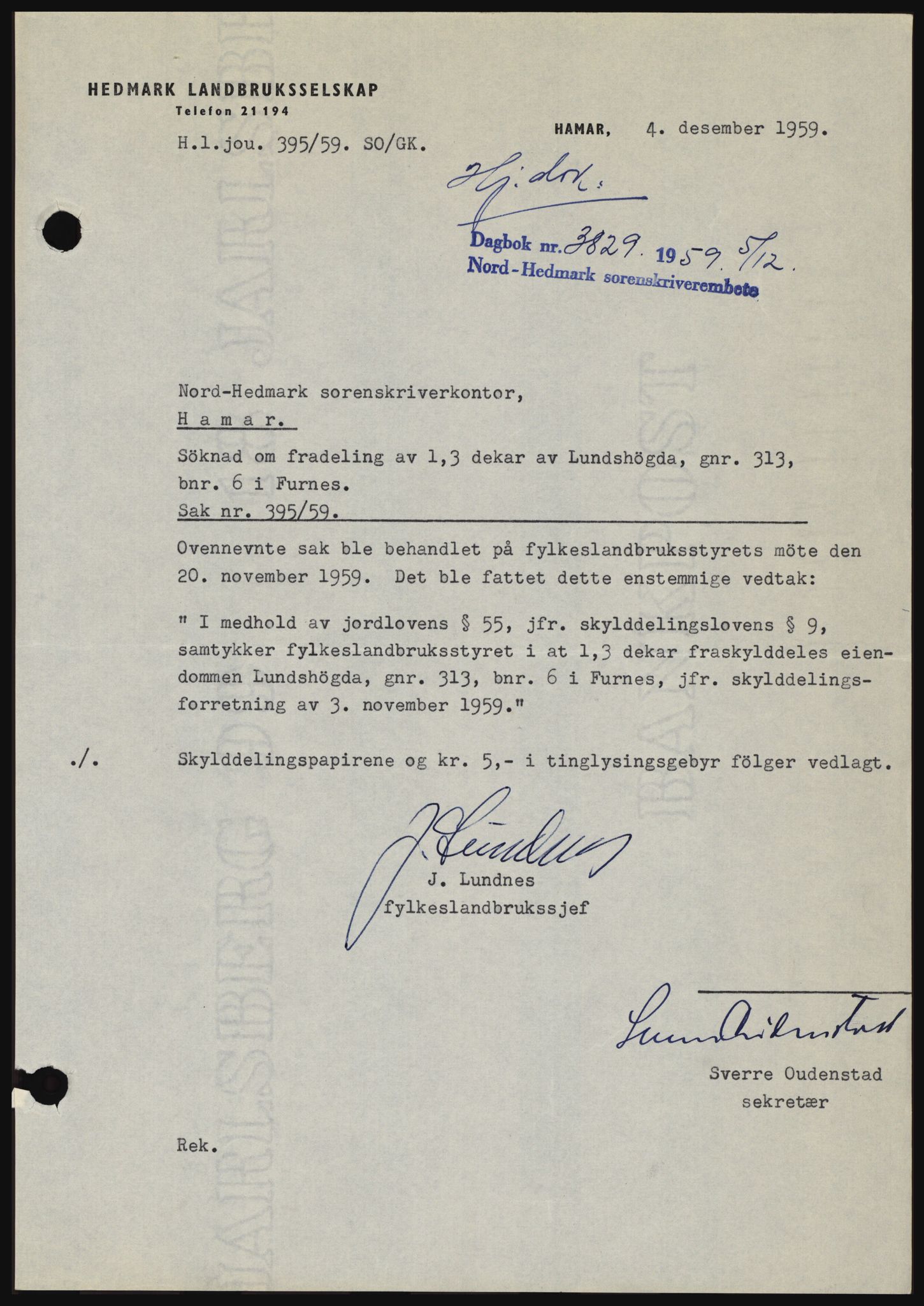 Nord-Hedmark sorenskriveri, SAH/TING-012/H/Hc/L0013: Pantebok nr. 13, 1959-1960, Dagboknr: 3829/1959
