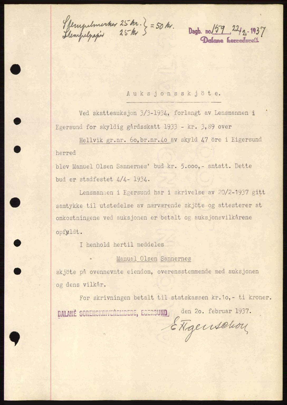 Dalane sorenskriveri, SAST/A-100309/02/G/Gb/L0041: Pantebok nr. A2, 1936-1937, Dagboknr: 159/1937