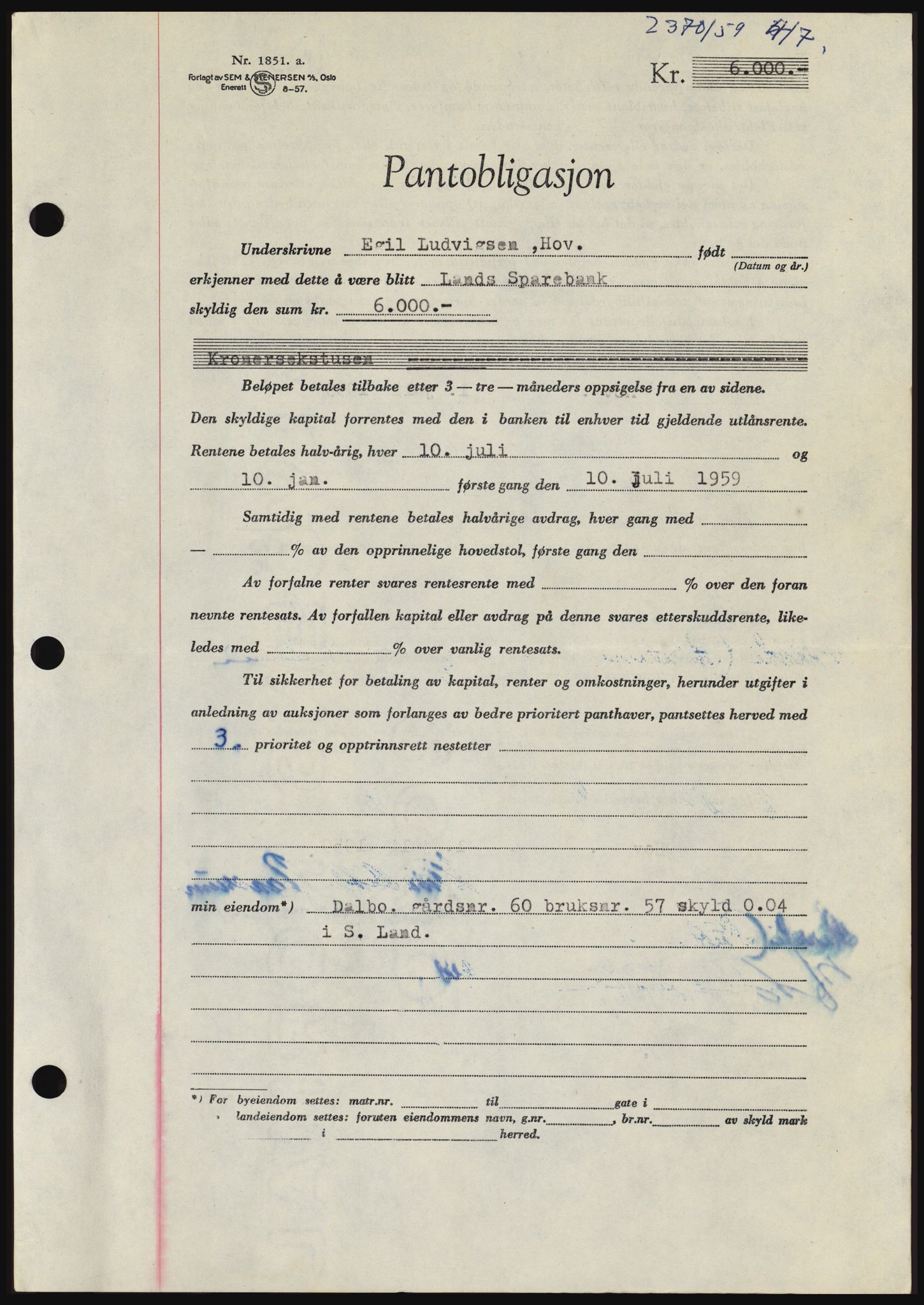 Hadeland og Land tingrett, SAH/TING-010/H/Hb/Hbc/L0040: Pantebok nr. B40, 1959-1959, Dagboknr: 2370/1959