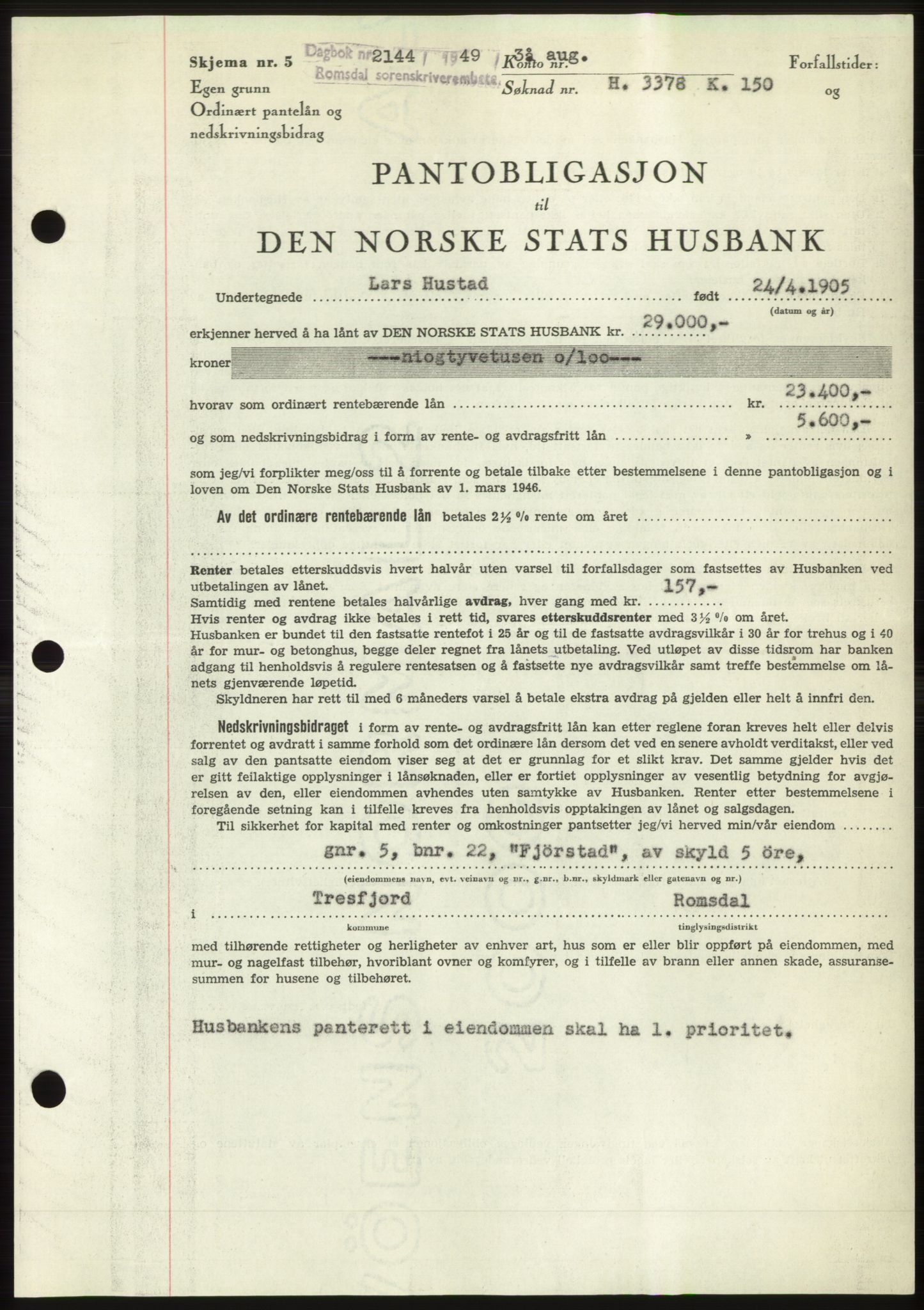 Romsdal sorenskriveri, AV/SAT-A-4149/1/2/2C: Pantebok nr. B4, 1948-1949, Dagboknr: 2144/1949