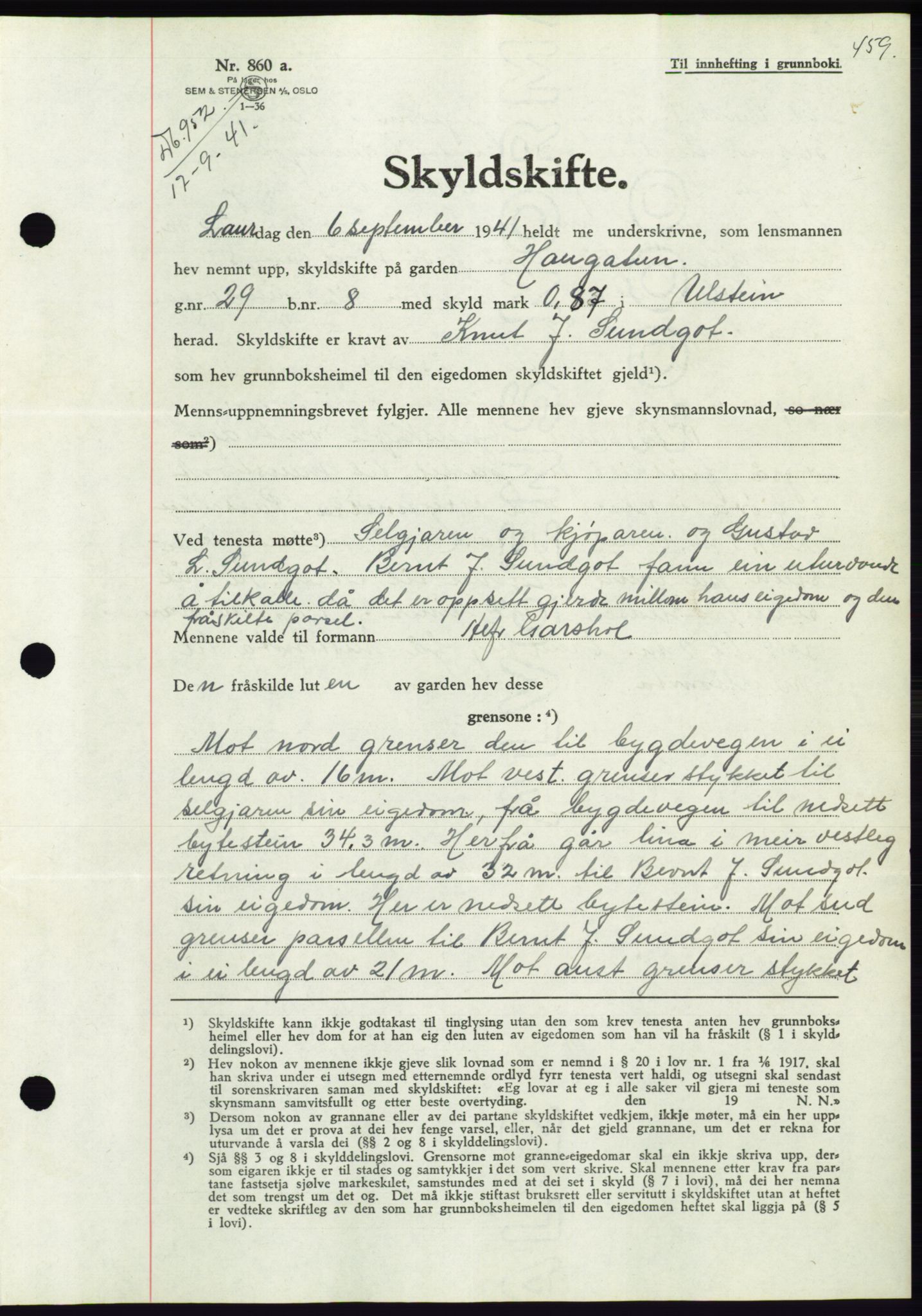 Søre Sunnmøre sorenskriveri, AV/SAT-A-4122/1/2/2C/L0071: Pantebok nr. 65, 1941-1941, Dagboknr: 952/1941