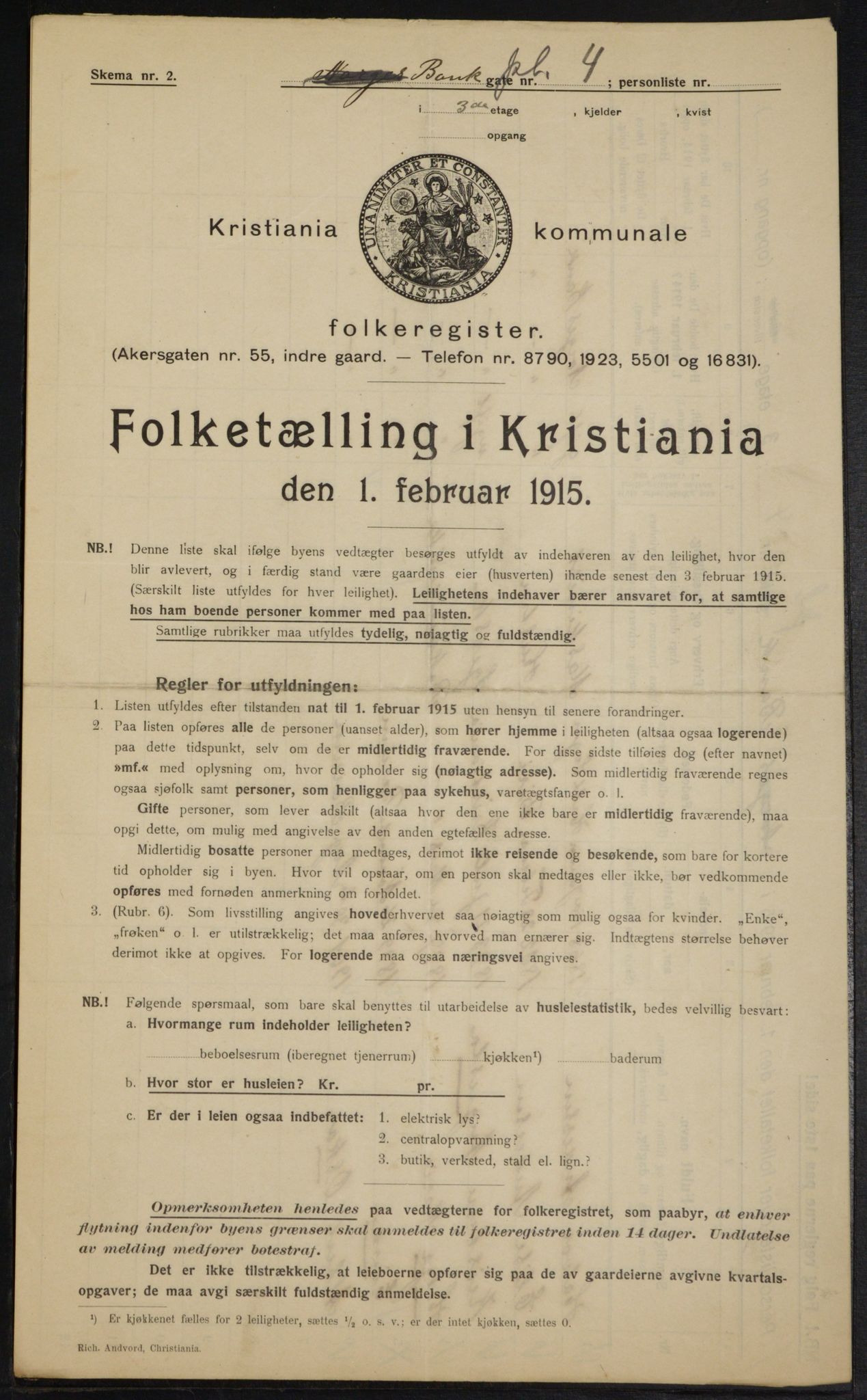 OBA, Kommunal folketelling 1.2.1915 for Kristiania, 1915, s. 3413