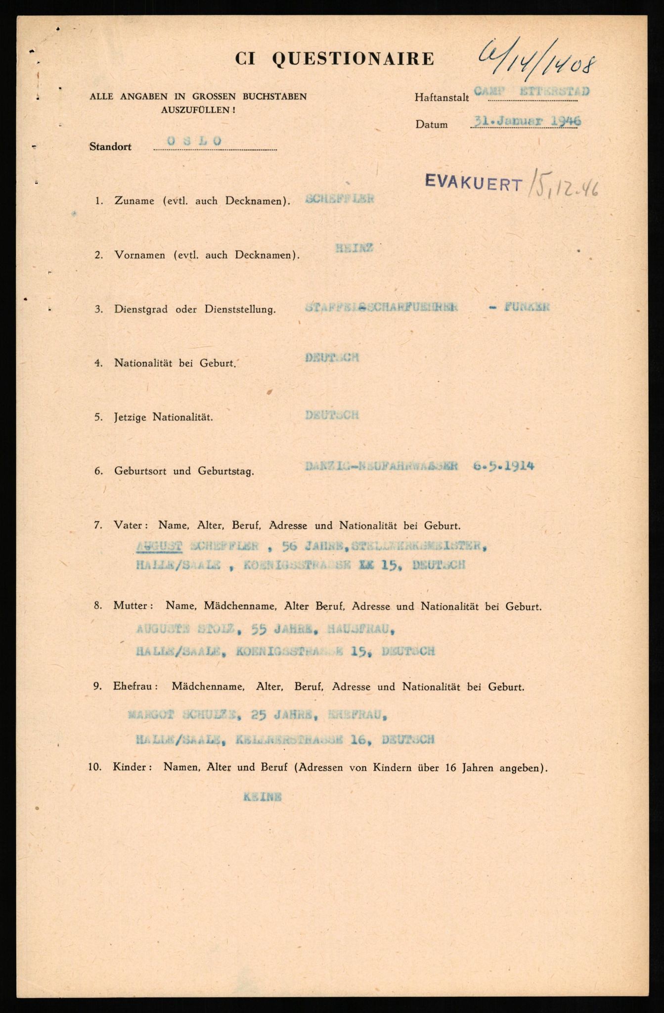 Forsvaret, Forsvarets overkommando II, AV/RA-RAFA-3915/D/Db/L0029: CI Questionaires. Tyske okkupasjonsstyrker i Norge. Tyskere., 1945-1946, s. 85