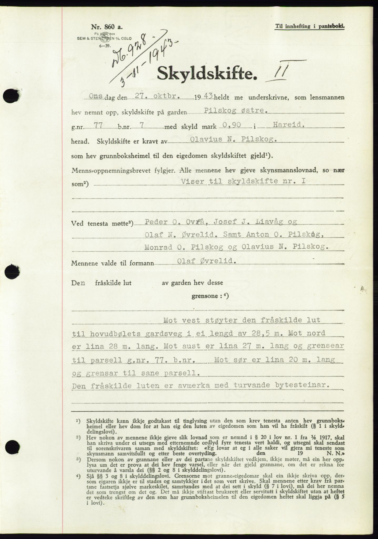 Søre Sunnmøre sorenskriveri, AV/SAT-A-4122/1/2/2C/L0075: Pantebok nr. 1A, 1943-1943, Dagboknr: 928/1943