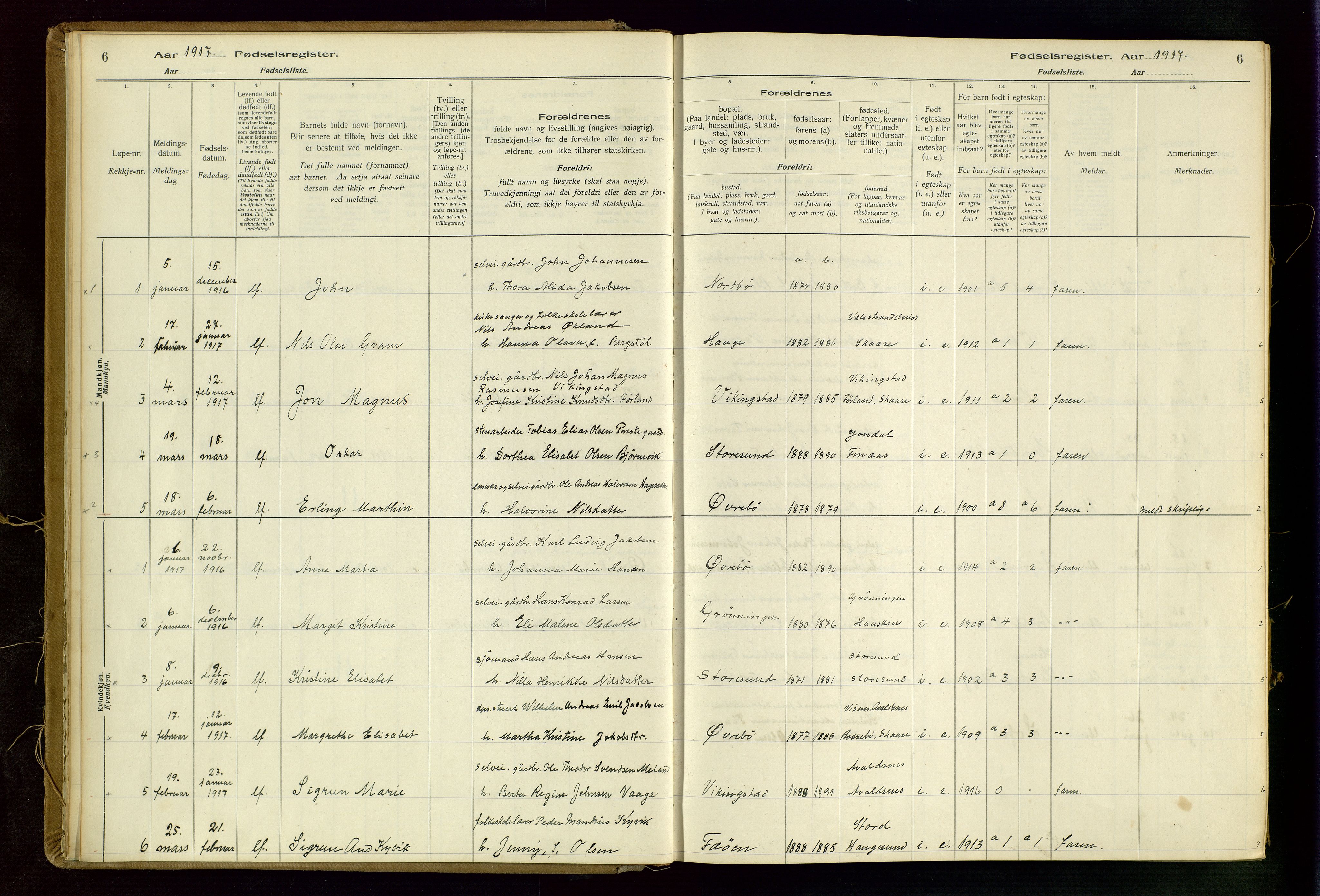 Torvastad sokneprestkontor, AV/SAST-A -101857/I/Id/L0002: Fødselsregister nr. 2, 1916-1950, s. 6