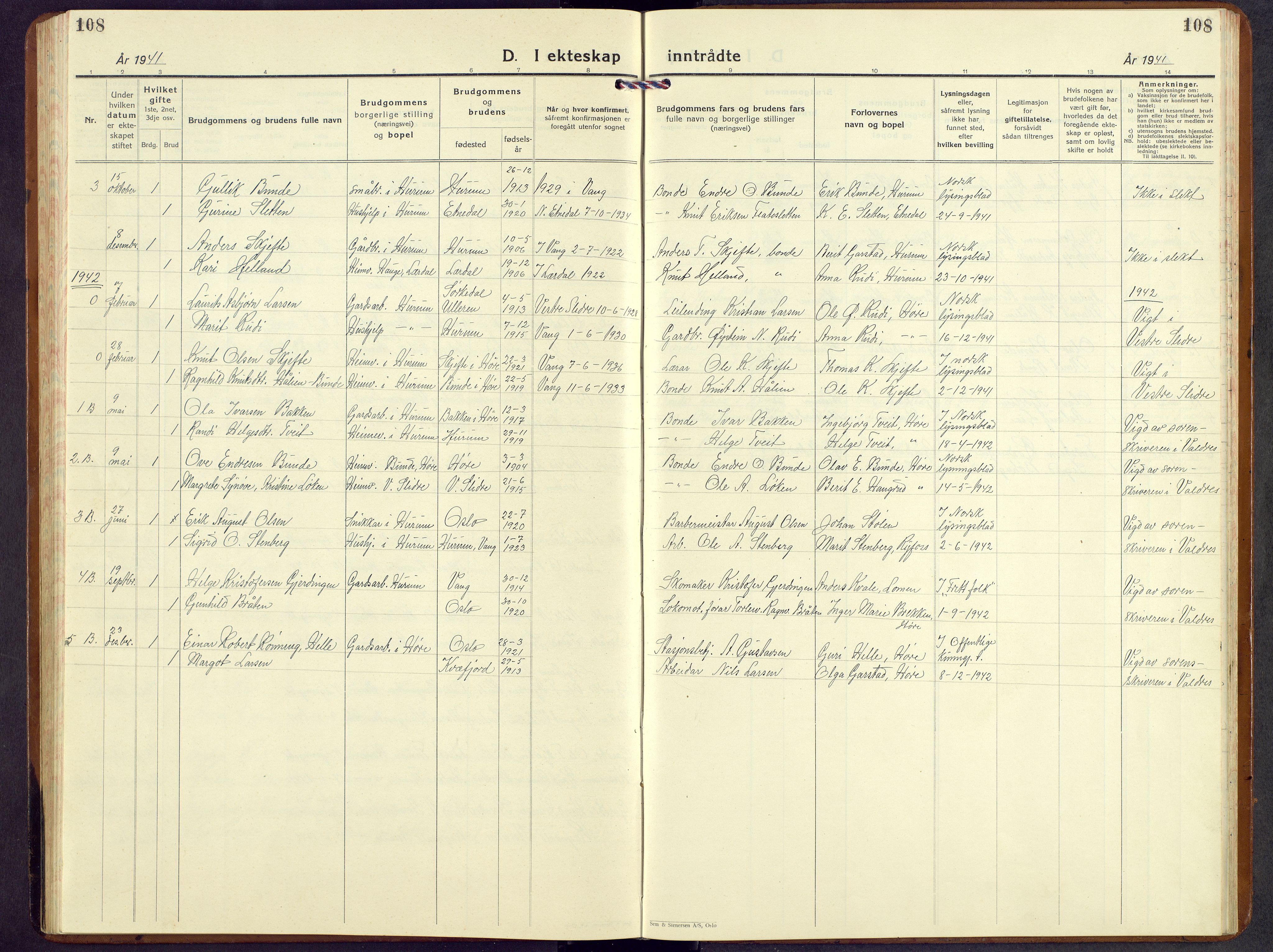 Vang prestekontor, Valdres, AV/SAH-PREST-140/H/Hb/L0008: Klokkerbok nr. 8, 1925-1967, s. 108