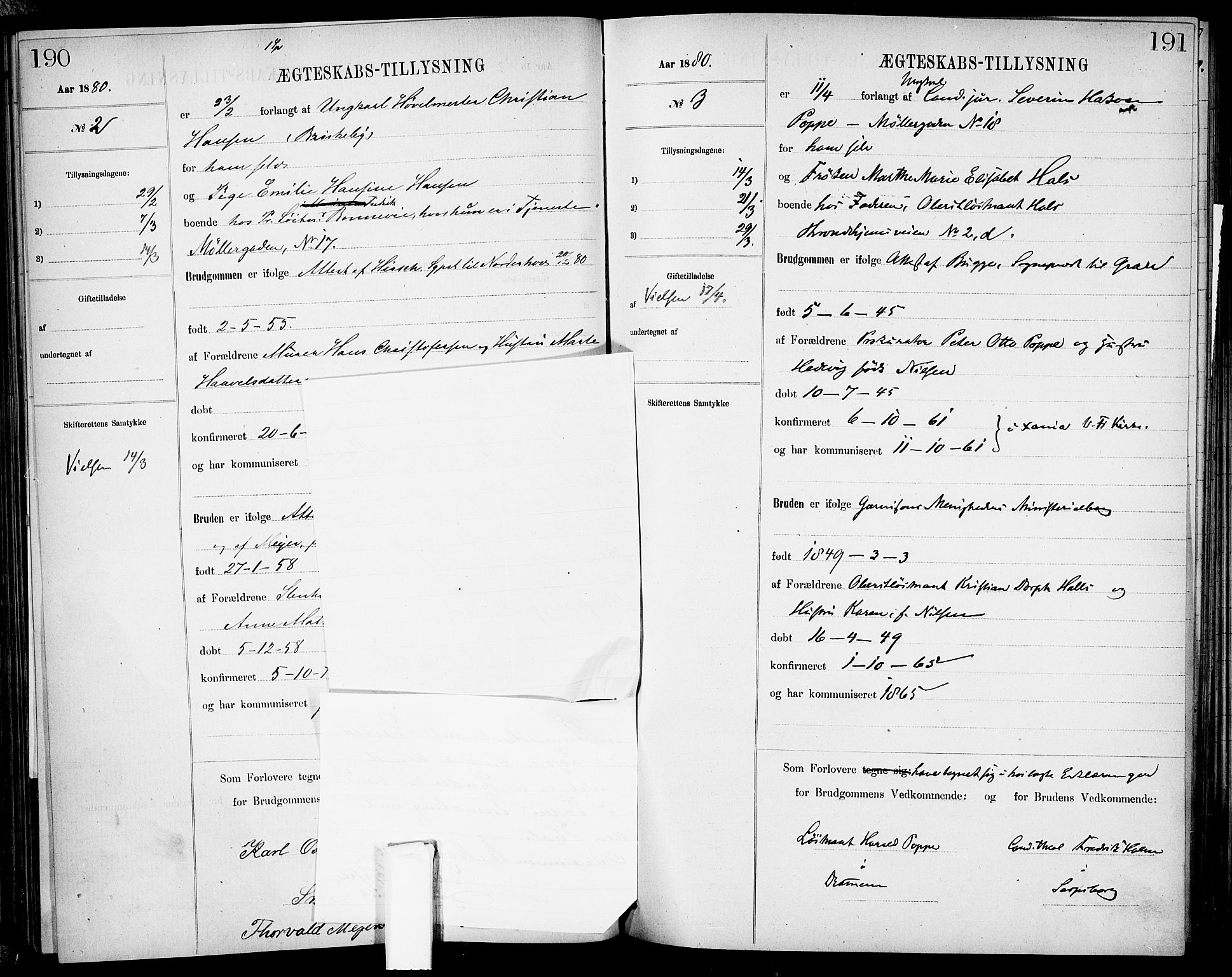 Garnisonsmenigheten Kirkebøker, SAO/A-10846/H/Ha/L0007: Lysningsprotokoll nr. I 7, 1872-1893, s. 190-191