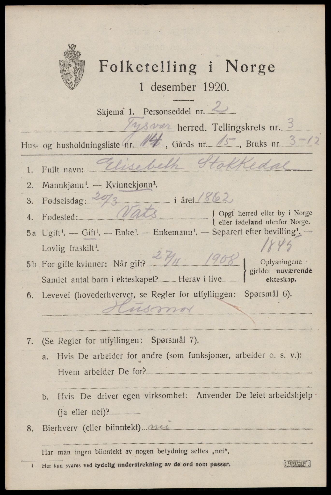 SAST, Folketelling 1920 for 1146 Tysvær herred, 1920, s. 1470