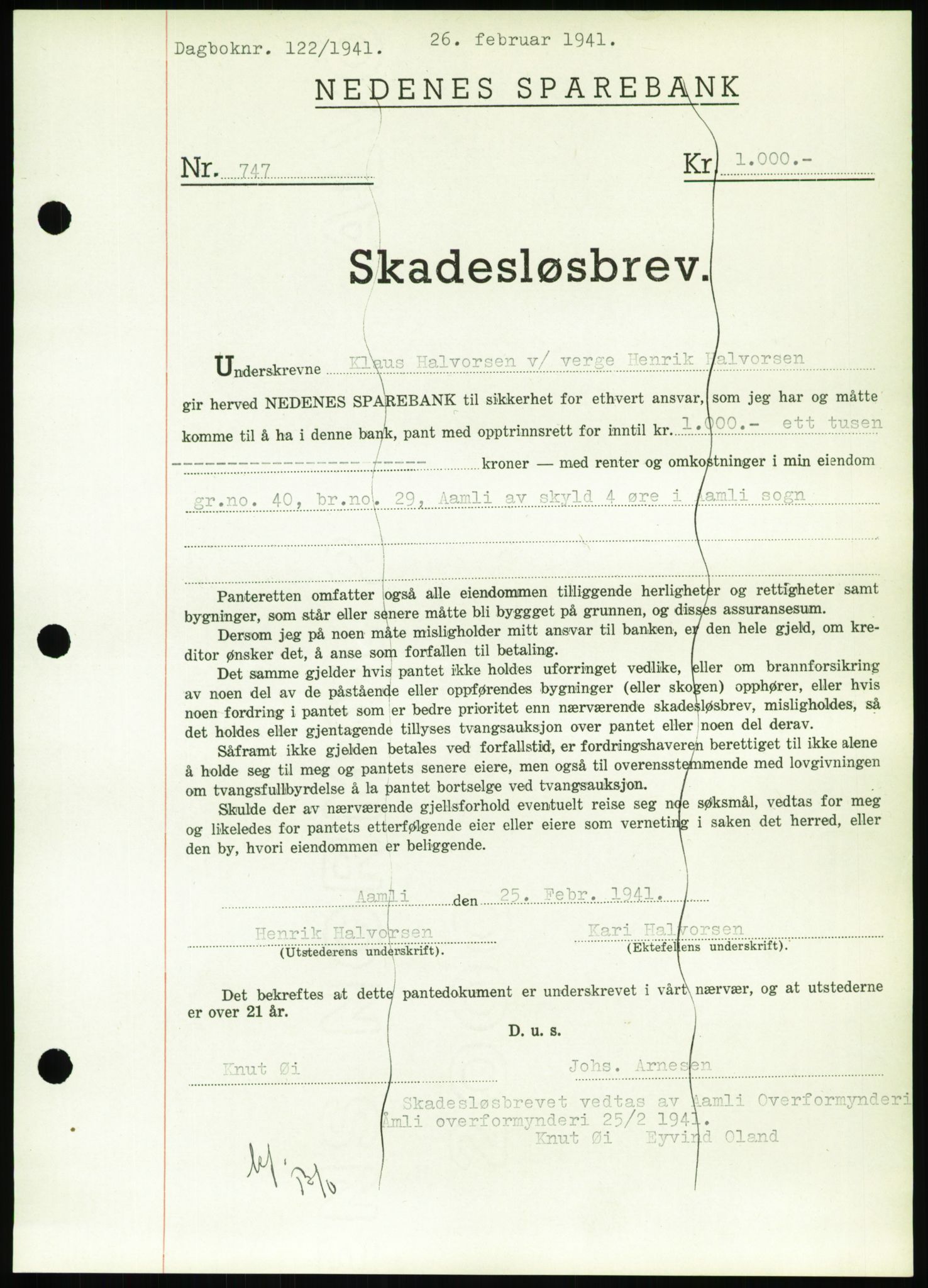 Nedenes sorenskriveri, SAK/1221-0006/G/Gb/Gbb/L0001: Pantebok nr. I, 1939-1942, Dagboknr: 122/1941