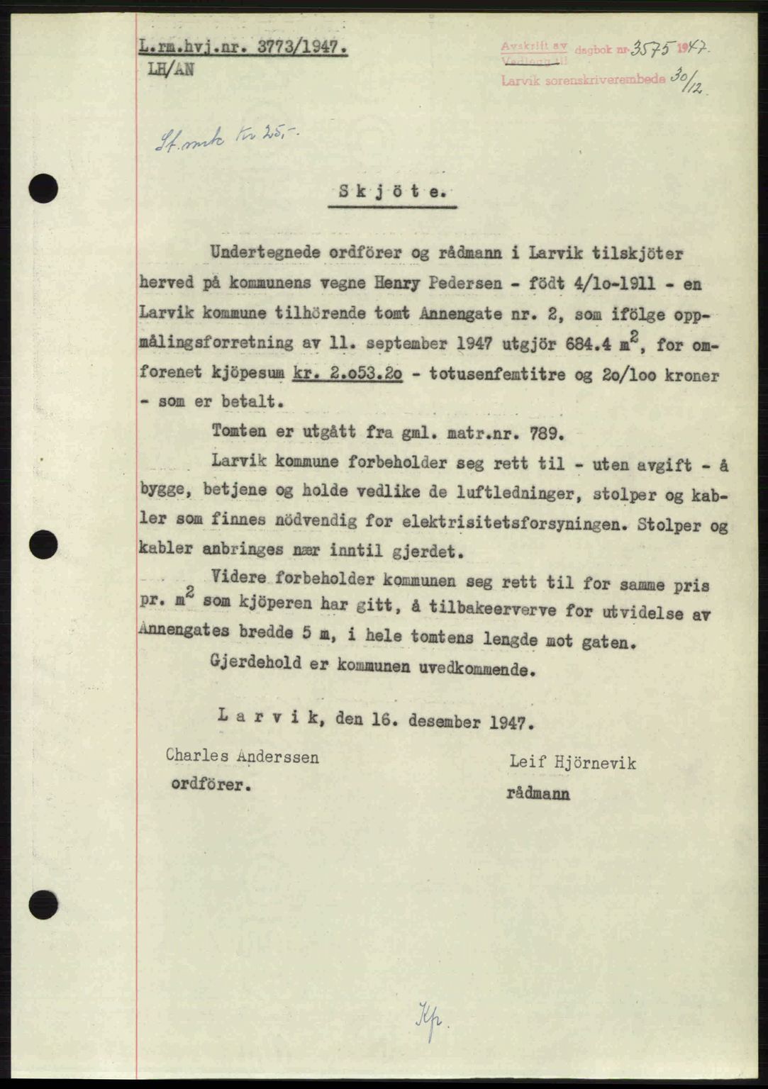 Larvik sorenskriveri, SAKO/A-83/G/Ga/Gab/L0085: Pantebok nr. A-19, 1947-1948, Dagboknr: 3575/1947