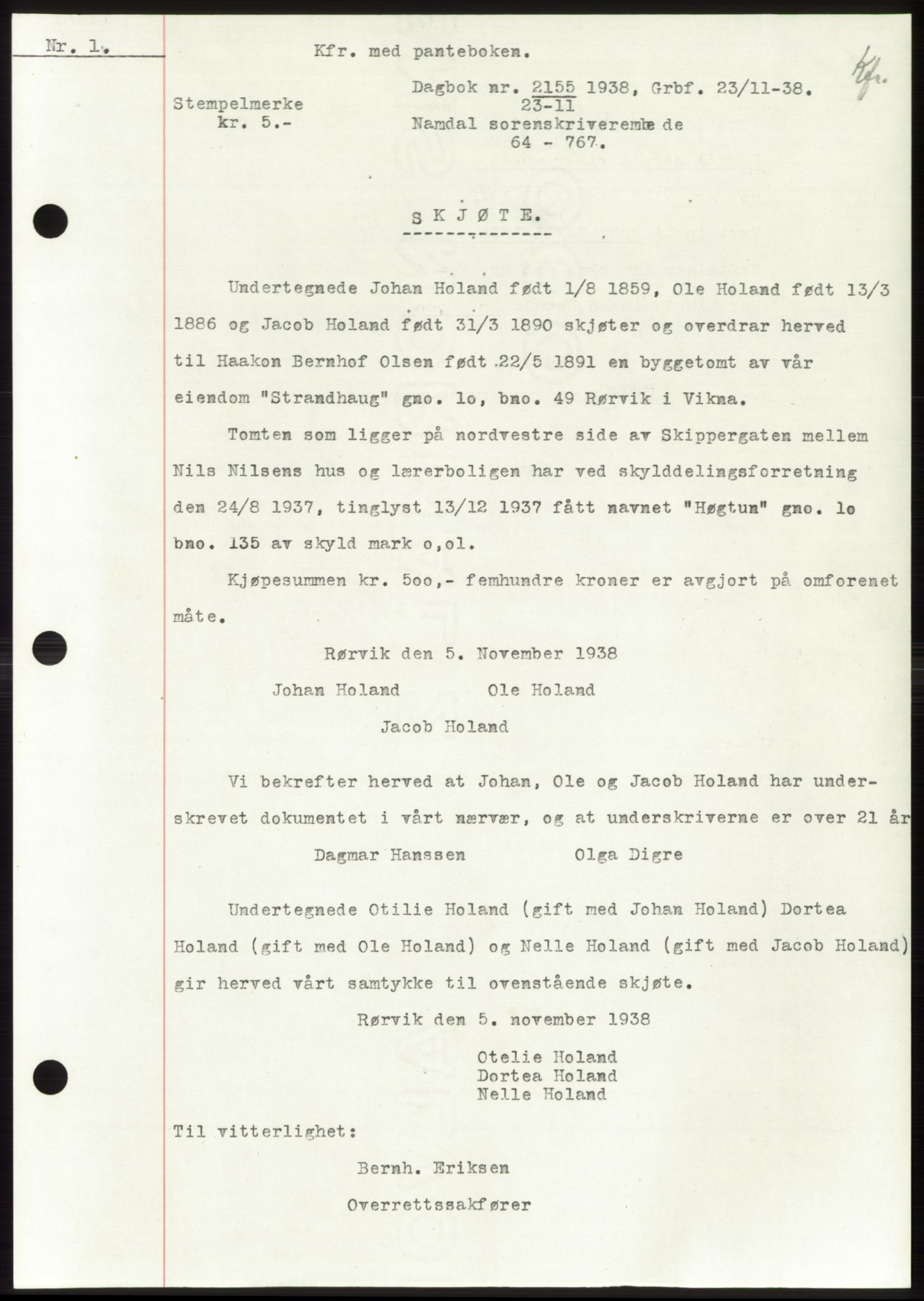 Namdal sorenskriveri, SAT/A-4133/1/2/2C: Pantebok nr. -, 1937-1939, Tingl.dato: 23.11.1938