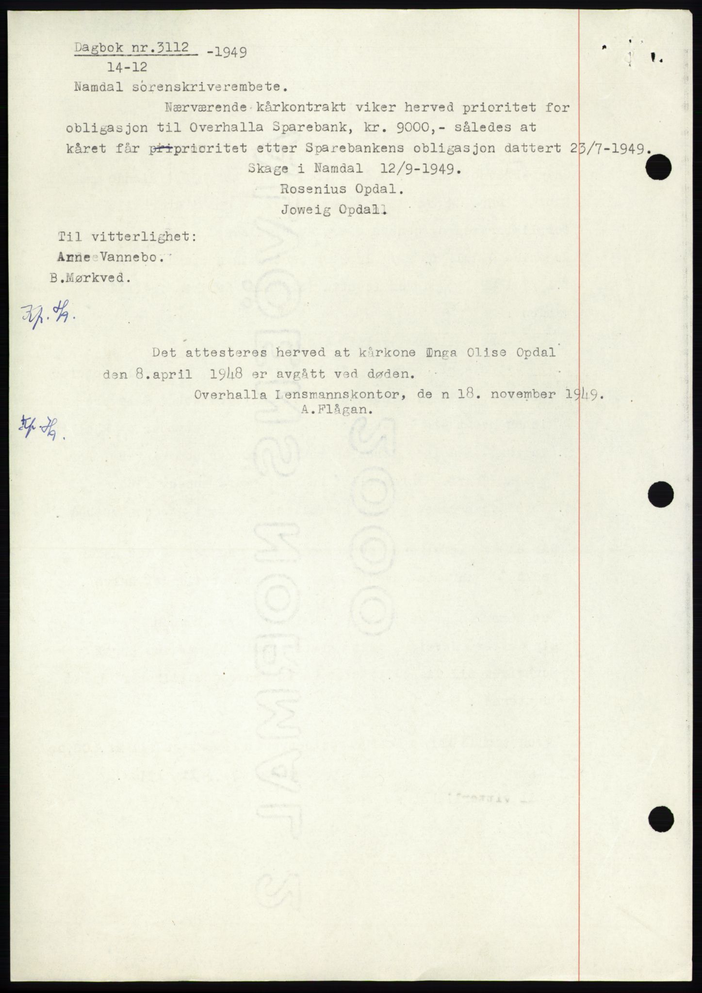 Namdal sorenskriveri, SAT/A-4133/1/2/2C: Pantebok nr. -, 1946-1946, Dagboknr: 3112/1946