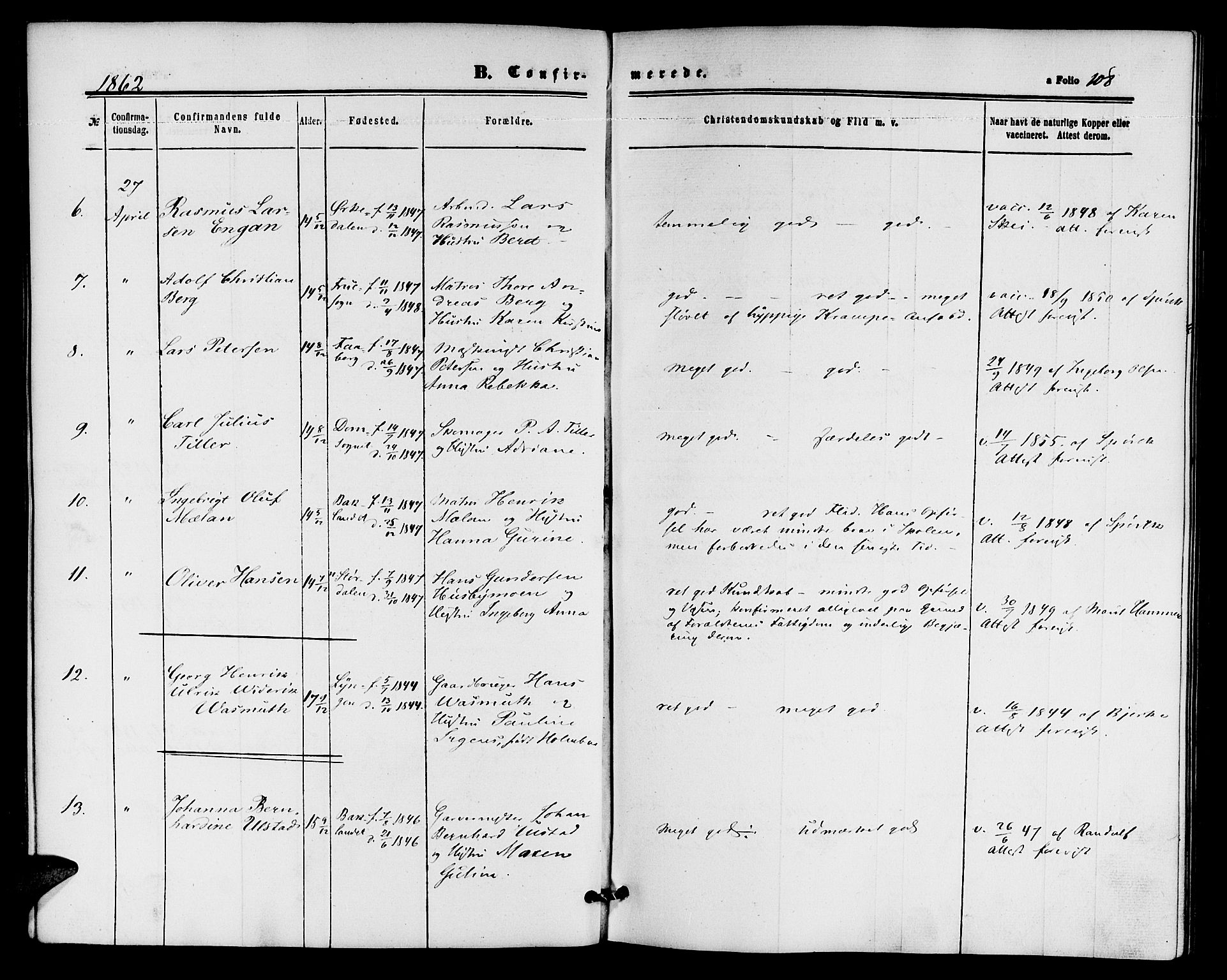 Ministerialprotokoller, klokkerbøker og fødselsregistre - Sør-Trøndelag, SAT/A-1456/604/L0185: Ministerialbok nr. 604A06, 1861-1865, s. 108