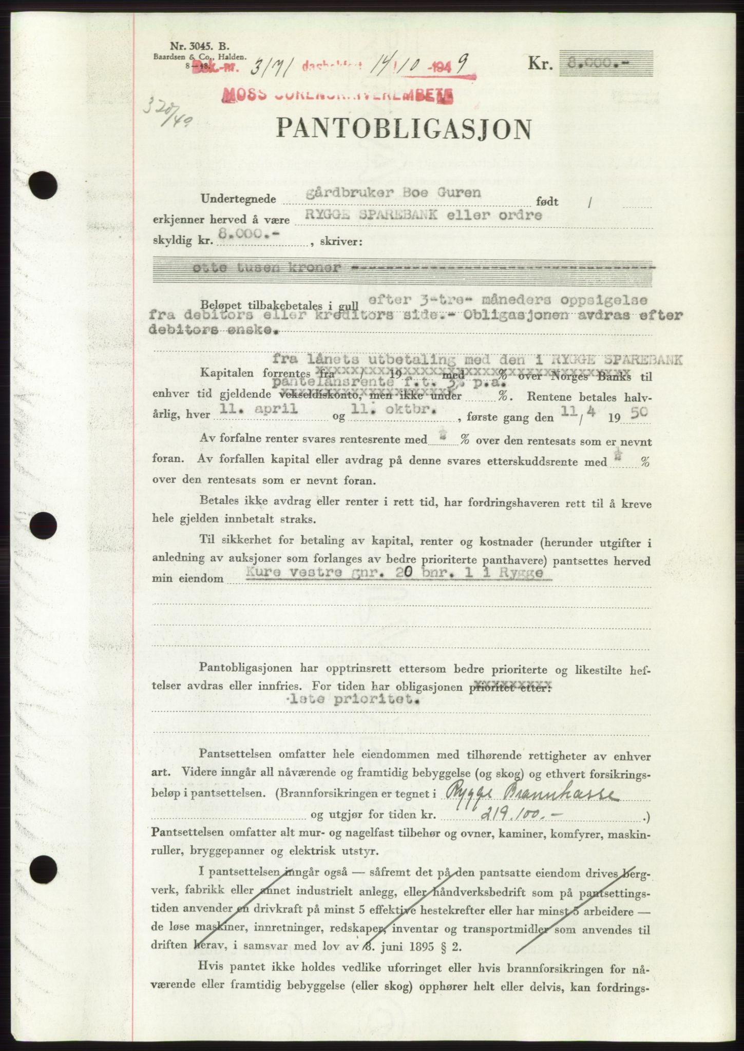 Moss sorenskriveri, SAO/A-10168: Pantebok nr. B23, 1949-1950, Dagboknr: 3171/1949