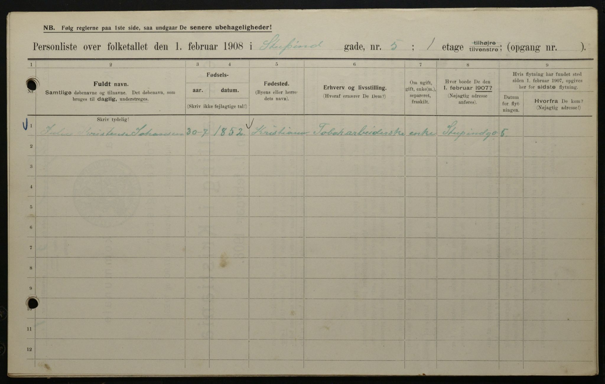 OBA, Kommunal folketelling 1.2.1908 for Kristiania kjøpstad, 1908, s. 94032